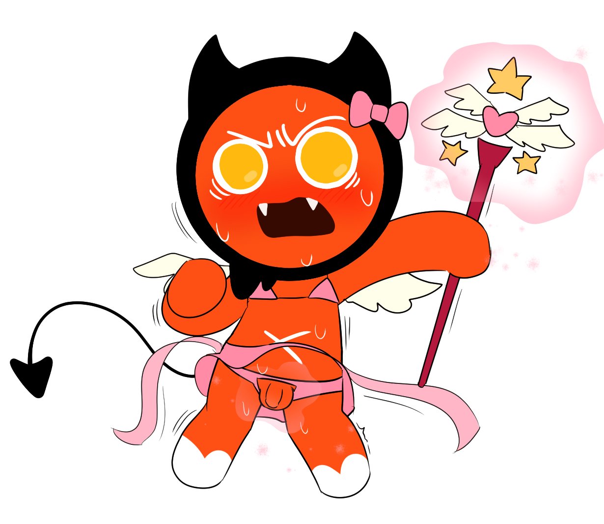 1boy 2025 bow cookie_run cookie_run_kingdom cookie_run_ovenbreak crossdressing crossdressing_male cute devil_cookie femboy flaccid flaccid_penis gay heart kuwoesque lingerie magic magic_user magic_wand male male_only motion_lines no_humans non-human penis shaking small_penis sweat sweating tagme wand yellow_eyes