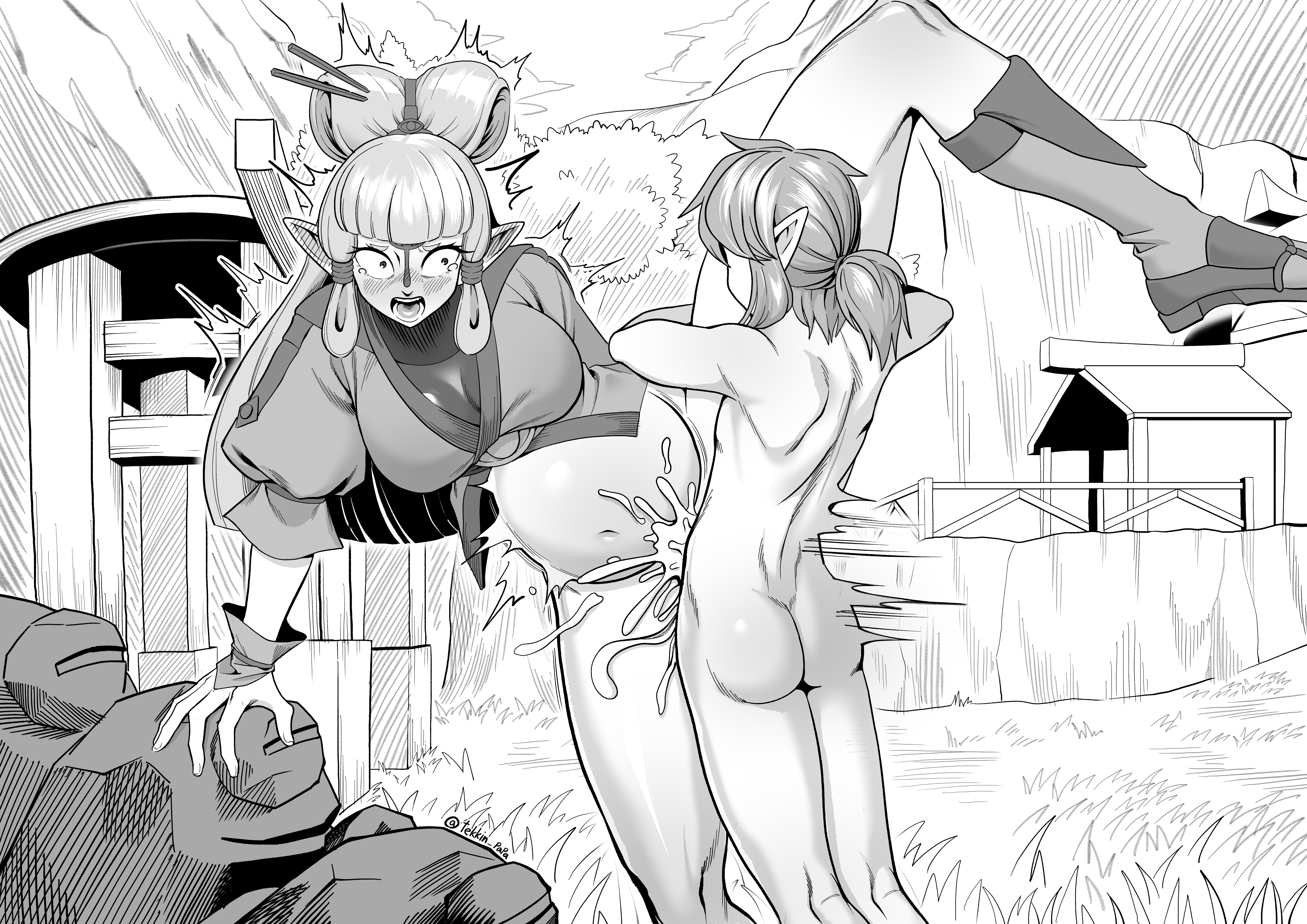 1boy, 1girls, ass, belly, belly bulge, breath of the wild, censor bar, censored, clothed, clothed female nude male, clothed sex, clothing, cum, cum in pussy, cum inside, cumflated belly, cumflation, female, female pubic hair, grabbing, grabbing leg, inflation, leg grab, leg up, link, link (breath of the wild), male, male/female, monochrome, nintendo, open mouth, paya (the legend of zelda), penetration, pointy ears, ponytail, pubic hair, pussy, scared, size difference, stomach bulge, tekkin papa, the legend of zelda, the legend of zelda: breath of the wild, vaginal insertion, vaginal penetration, vaginal sex