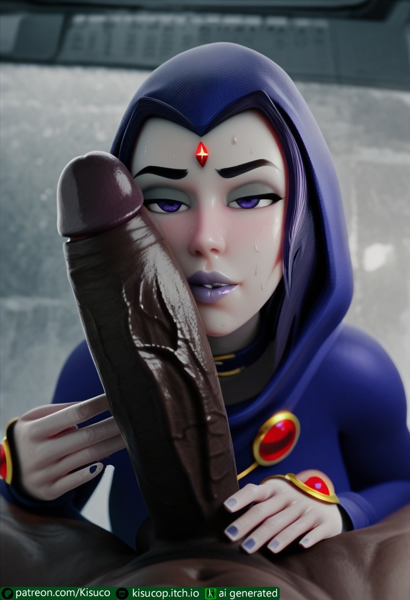 :>=, 3d, absurdly large cock, ai generated, blue cape, blue hood, cheating girlfriend, dark penis, dark skin, dark-skinned male, dc, dc comics, eye contact, female, grey skin, hyper penis, imminent oral, impossible fit, interracial, kisuco, looking at viewer, male, ntr, penis, penis on face, petite female, provocative, raven (dc), straight, sweating, taller male, teen titans, touching face, veiny penis, voluptuous female