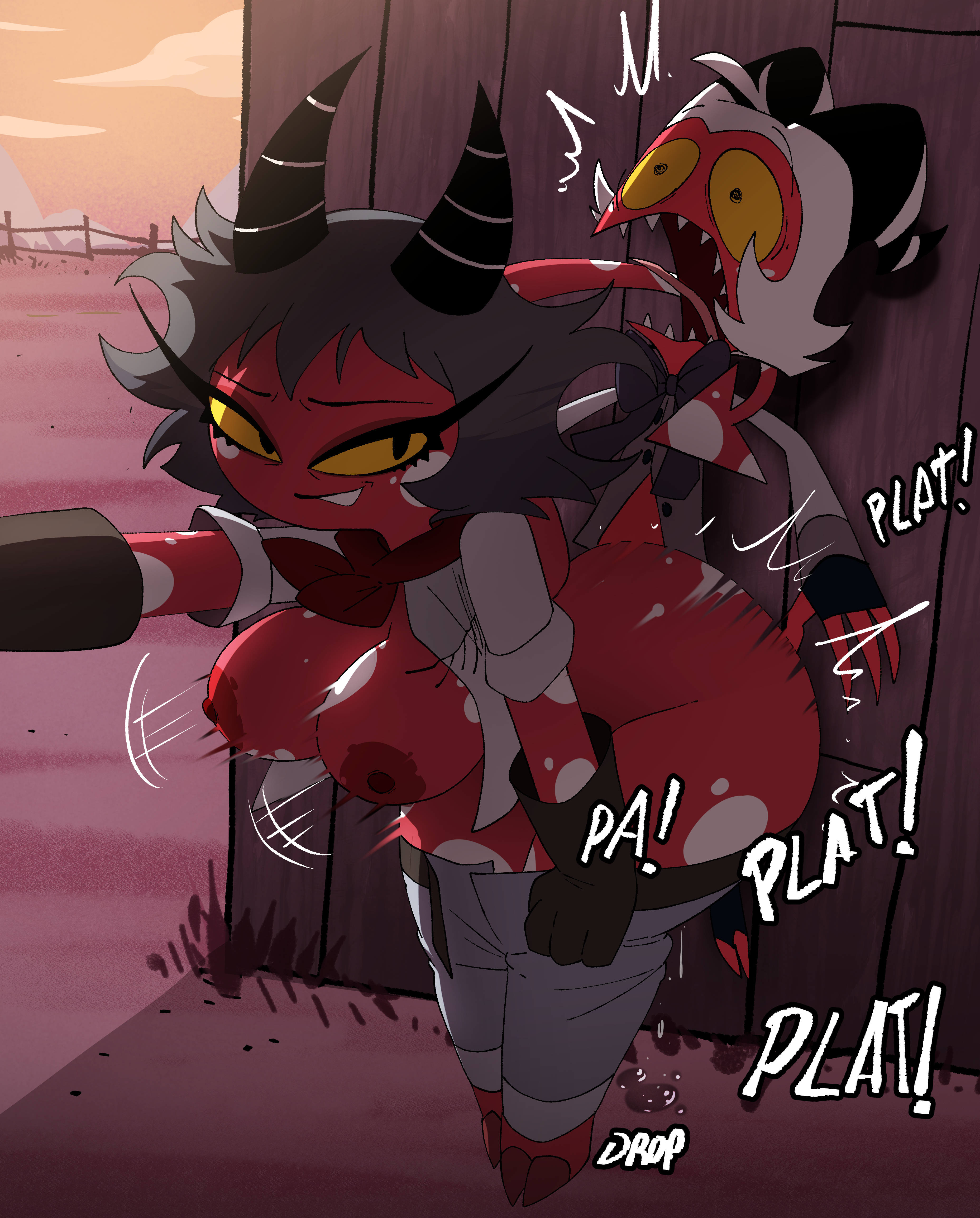 1boy, 1girls, 2 horns, 2demons, absurd res, against surface, ambiguous penetration, areola, areolae, ass, belt, big ass, big breasts, big butt, black eyebrows, black eyes, black horn, bodily fluids, bottomwear, bottomwear down, breasts, cheating, cheating female, cheating husband, cheating male, cheating wife, clothed, clothed sex, clothing, curved horn, demon, demon boy, demon girl, demon horns, demon humanoid, demon tail, demoness, demons, doggy style, dripping, duo, exposed breasts, eyebrow through hair, eyebrows, eyelashes, female, genital fluids, grey hair, grin, hair, helluva boss, hi res, hooves, horn, horns, humanoid, imp, inker comics, inkershike, jacket, kerchief, lin (helluva boss), long eyelashes, long tail, male, male/female, mature female, messy hair, milf, mother, mother-in-law, motion lines, moxxie (helluva boss), neckerchief, neckwear, nipples, open clothing, open jacket, open topwear, pants, pants down, partially clothed, penetration, pink tongue, pussy, pussy juice drip, red areola, red body, red nipples, red skin, red tail, screaming, sex, sharp teeth, shirt, short hair, smile, son-in-law, son-in-law and mother-in-law, spade tail, spots, striped horn, stripes, tagme, tail, teeth, teeth showing, thick eyelashes, tongue, tongue out, topwear, translucent, translucent hair, vaginal fluids, vaginal penetration, white hair, wide eyed, yellow sclera