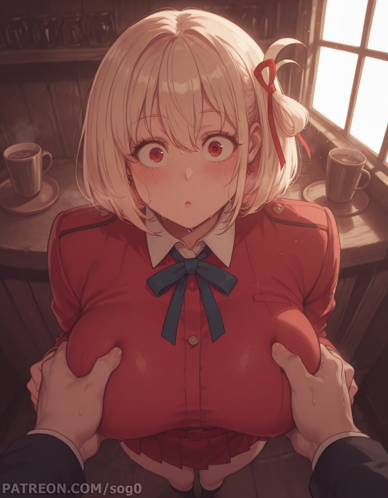 1boy, 1girls, ai generated, big breasts, blonde hair, breasts, collarbone, confused, confused look, curvy, female, grabbing, grabbing breasts, large breasts, lycoris recoil, male, nishikigi chisato, patreon, patreon username, pov, red eyes, red ribbon, ribbon, shocked, short hair, sogo, voluptuous, voluptuous female