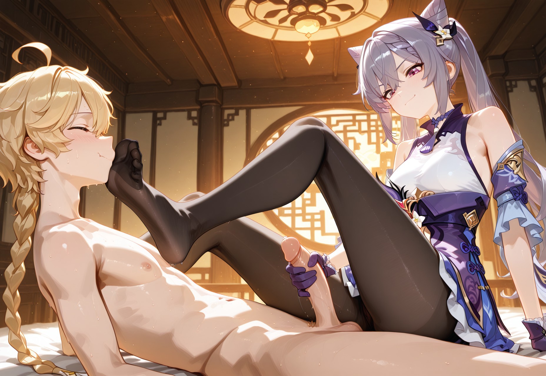 1boy, 1girls, aether (genshin impact), ai generated, black legwear, braid, closed eyes, clothed, clothed female nude male, clothing, dress, feet, female, foot fetish, foot lick, foot play, foot worship, genshin impact, handjob, hi res, keqing (genshin impact), licking foot, light skin, light-skinned female, light-skinned male, long, long hair, male, pantyhose, purple eyes, purple gloves, purple hair, ruined orgasm, sleeveless, smile, tagme, uncensored