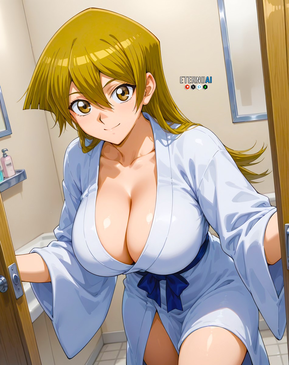 1girls ai_generated alexis_rhodes anime anime_girl anime_style babe bangs bath bath_towel bathroom beautiful_females brunette cleavage collarbone door eternoai fantasy female female_focus home house imminent_bath indoors large_breasts looking_at_viewer lovely player ribbon sexy smile upper_body voluptuous wood wooden_door yu-gi-oh!