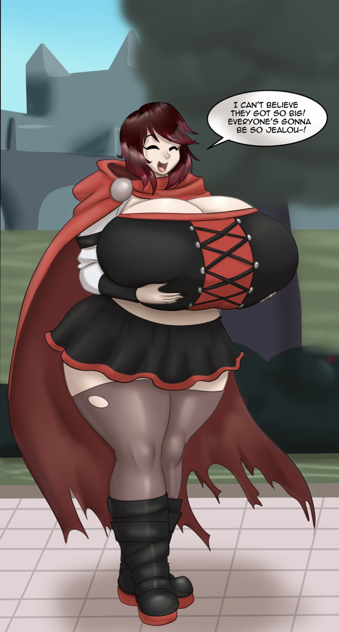 1girls, alternate breast size, breasts, breasts bigger than head, english text, enormous ass, female, female only, huge breasts, hyper, hyper breasts, marauder6272, massive breasts, ripped leggings, ruby rose, rwby, tagme, text, top heavy, venus body, wide hips