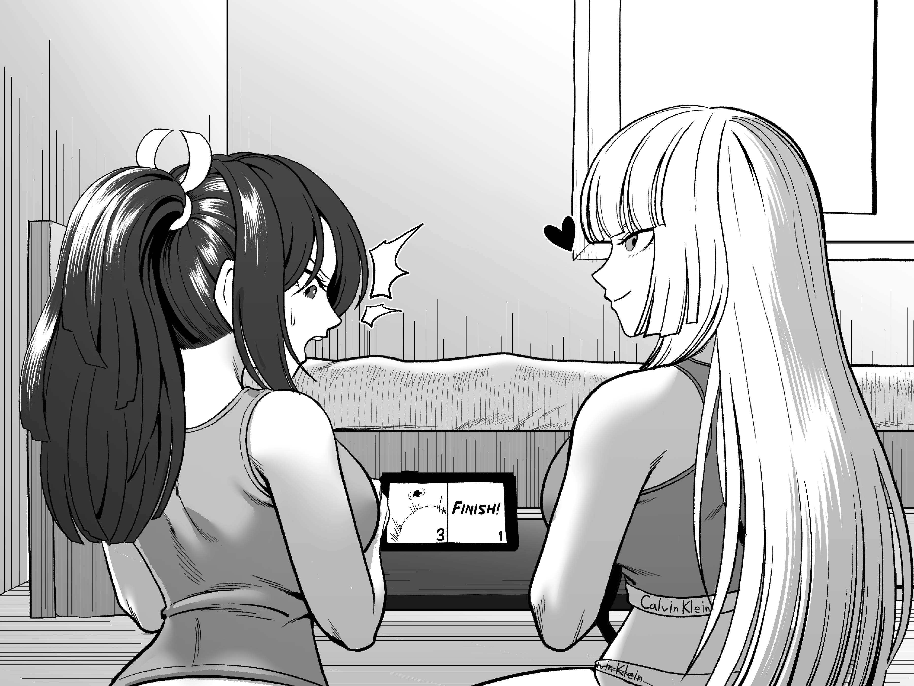 :o, 1futa, 1girls, bed, bedroom, breasts, capcom, clothed, clothed female, clothing, defeated, embarrassed, emilie de rochefort, fatal fury, female, futa on female, futanari, heart, huge breasts, intersex, king of fighters, long hair, looking back, mai shiranui, mai shiranui (casual), monochrome, nintendo, nintendo switch, open mouth, queen's gate, sitting, snk, surprised, sweat, tekken, tekkin papa, video games