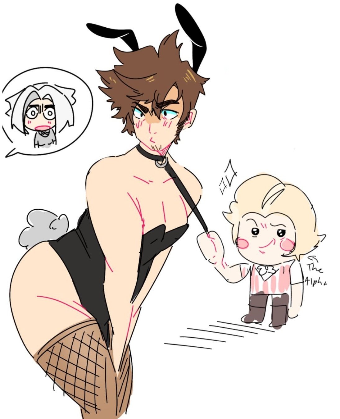 adam (hazbin hotel), brown hair, bunnysuit, christianity, collar, deity, femboy, femboy dilf, gay, hazbin hotel, lucifer morningstar (hazbin hotel), lute (hazbin hotel), playboy bunny, public domain, religion