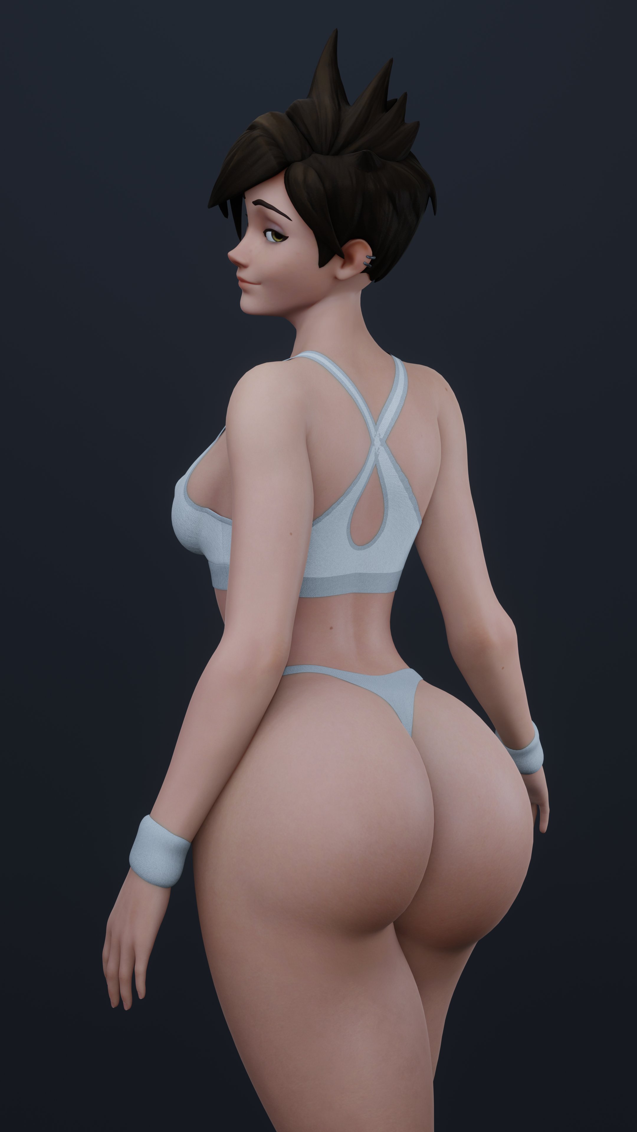 1girls, 3d, absurdres, ass, athletic, athletic female, blender, bottomwear, brown eyes, brown hair, bubble ass, bubble butt, cpt-flapjack, earrings, fat ass, female, female focus, female only, freckles, gym clothes, highres, huge ass, human, large ass, lieutenant flapjack, light skin, light-skinned female, looking at viewer, looking back, overwatch, pawg, piercings, smile, smiling, smiling at viewer, solo, sports bra, thong, topwear, tracer, viewed from behind, workout clothes, wristband, wristwear