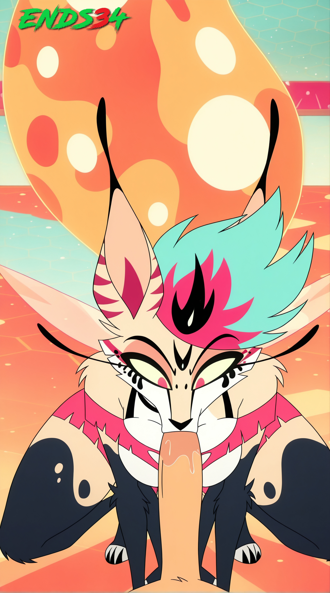 ai generated, blowjob, ends34, female, female focus, fit, fit female, furry female, helluva boss, human on anthro, male, penis, queen bee-lzebub (helluva boss)