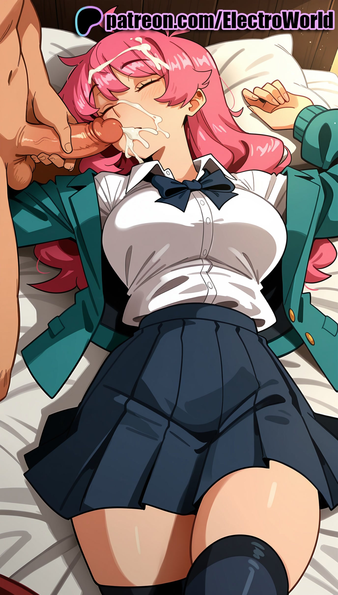 1boy, 1girls, 2025, ai generated, artist name, closed eyes, cock, cum, cum in mouth, cum on body, cum on hair, dick, ejaculation, electroworld, facial, female, green jacket, hi res, high quality, high resolution, highres, jacket, male, patreon, patreon username, penis, pink hair, remi (unordinary), school uniform, skirt, sleep molestation, sleeping, solo focus, stable diffusion, straight, thighhighs, uncensored, unordinary, veiny penis, watermark