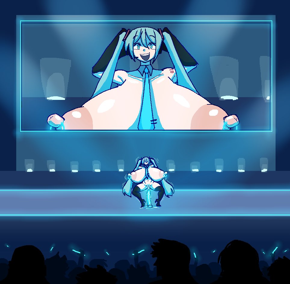 1girl, 1girls, alternate breast size, aqua eyes, aqua hair, audience, blue hair, breast expansion, breasts, crowd, detached sleeves, exhibitionism, female, gigantic breasts, hatsune miku, huge breasts, huge nipples, large areolae, lewdicrousart, long hair, masturbation, naked footwear, necktie, nipple piercing, nipples, nude, open mouth, public, public indecency, silhouette, smile, solo focus, squatting, tagme, thigh boots, thighhighs, twintails, very long hair, vocaloid