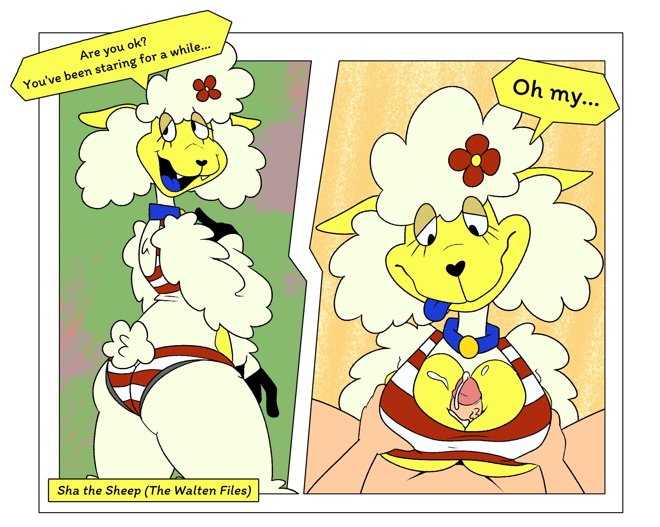 1boy, 1boy1girl, 1girl1boy, 1girls, 2d, 2d (artwork), 2d artwork, anthro, ass, big ass, big breasts, big butt, bikini, bikini bottom, bikini top, boobjob, bovid, bovine, breast grab, breast play, breasts, cum, cum on breasts, dialog, dialogue, digital art, digital drawing (artwork), digital media (artwork), female, female/male, flower in hair, furry, furry female, human, human on anthro, impstripe, male, male pov, male/female, paizuri, pov, sha (the walten files), sheep, sheep girl, swimsuit, tagme, text, the walten files, titfuck, titjob, titjob pov, toony, unseen male face, white fur