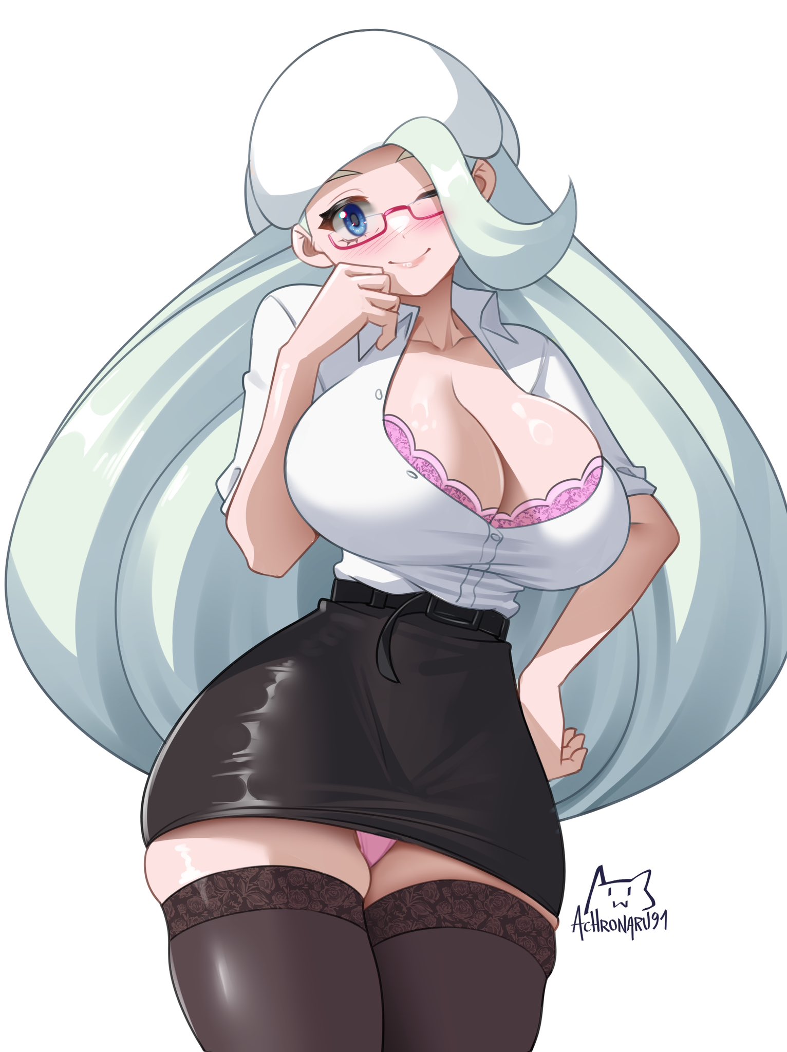 1girls, achromaru, belt, belt buckle, big breasts, black skirt, black thighhighs, blue eyes, blush, bra, breasts, cleavage, eyewear, female, female only, game freak, glasses, hair, hand on hip, hat, headwear, hips, huge breasts, lace, lace trim, lace-trimmed bra, lace-trimmed thighhighs, legwear, lingerie, long hair, mature, mature female, melony (pokemon), milf, mother, office lady, one eye closed, panties, pencil skirt, pink bra, pink panties, pokemon, pokemon ss, shirt, skirt, smile, solo, solo female, thick thighs, thighs, white hair, white shirt, wide hips