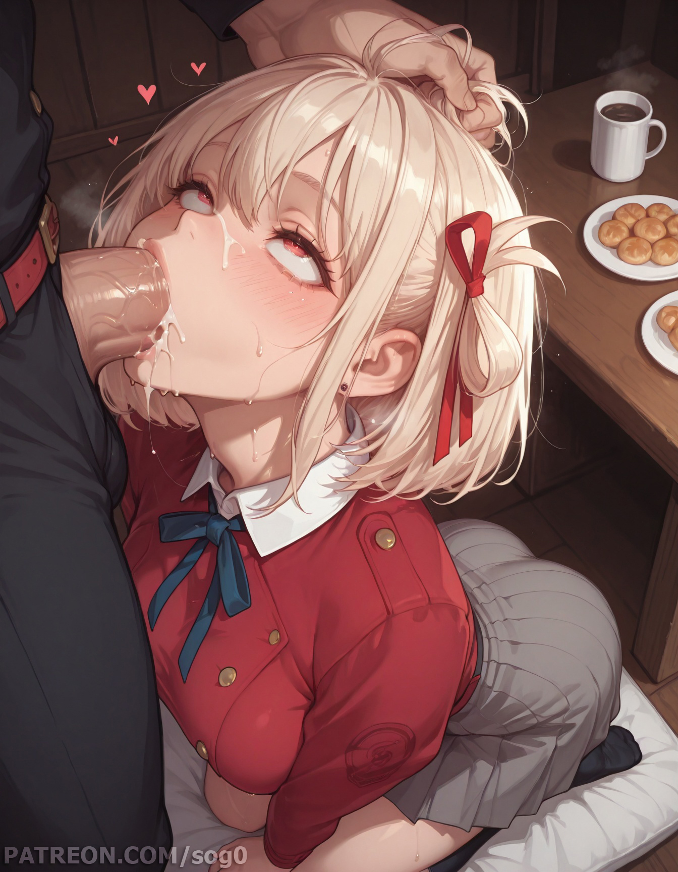 1boy, 1girls, ai generated, ass, big ass, big breasts, blonde hair, breasts, collarbone, cum, cum on face, curvy, female, large breasts, large penis, light skin, light-skinned female, light-skinned male, lightlight skin, lycoris recoil, male, nishikigi chisato, oral, patreon, patreon username, penis, red eyes, red ribbon, ribbon, short hair, sogo, voluptuous, voluptuous female