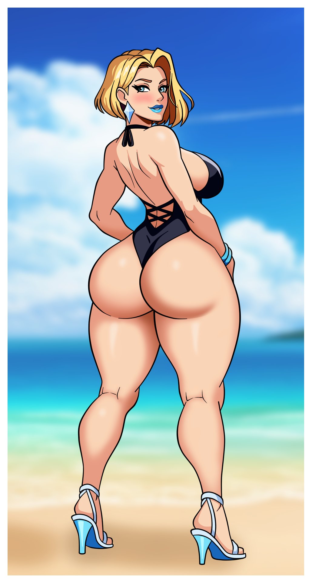 1girls ass ass_focus bare_legs beach behind_view big_ass big_breasts black_leotard blonde_eyebrows blonde_female blonde_hair blue_eyes blue_footwear blue_high_heels blue_lipstick bob_cut breasts closed_mouth closed_mouth_smile emma_frost emma_frost_(marvel_rivals) eyebrows eyelashes female female_focus female_only footwear hair_behind_ear high_heels huge_ass kneepits large_ass leotard light-skinned_female light_skin looking_at_viewer looking_back marvel marvel_rivals mature mature_female medium_hair milf slightly_open_mouth smile smiling smiling_at_viewer solo swimsuit thick_legs thick_thighs thighs viewed_from_behind wide_hips wink winking_at_viewer woomy1010