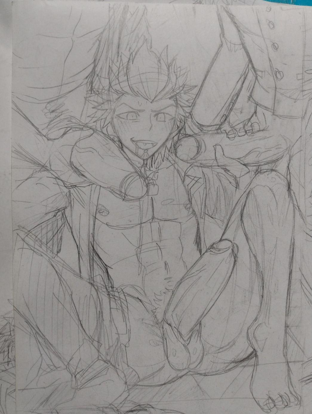 big_penis burankoprn danganronpa danganronpa:_trigger_happy_havoc drool drooling gay gay_domination holding_penis kiyotaka_ishimaru kuwata_leon male male/male male_focus male_only mondo_oowada muscular muscular_male nipples partially_clothed penis sketch smile threesome yaoi