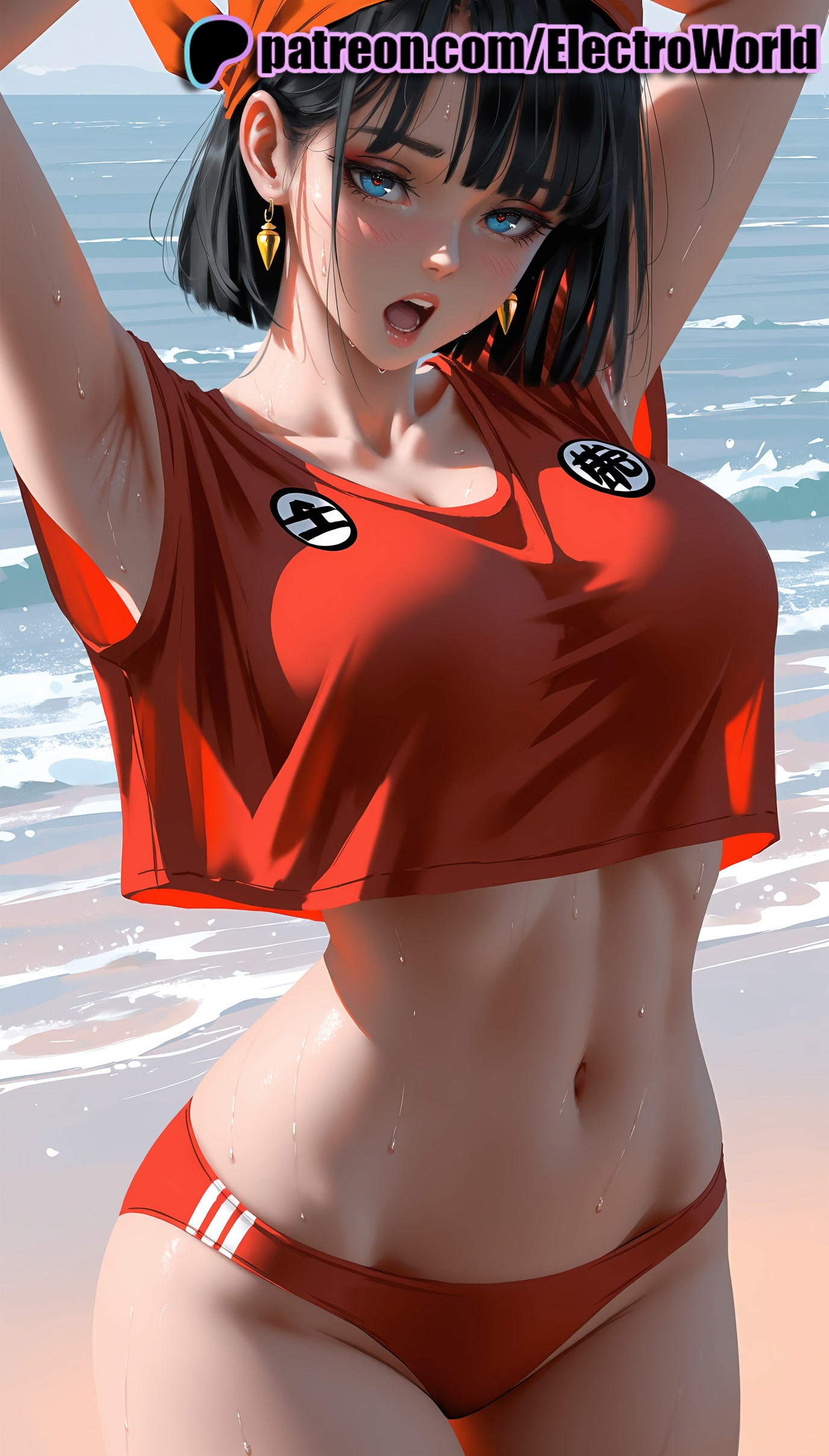 1girls, 2025, ai generated, armpits, artist name, black hair, blue eyes, breasts, bust, chest, dragon ball, dragon ball (series), earrings, electroworld, female, hi res, high quality, high resolution, highres, navel, ocean, open mouth, pan (dragon ball), patreon, patreon username, shirt, short hair, solo, stable diffusion, sweat, water, watermark