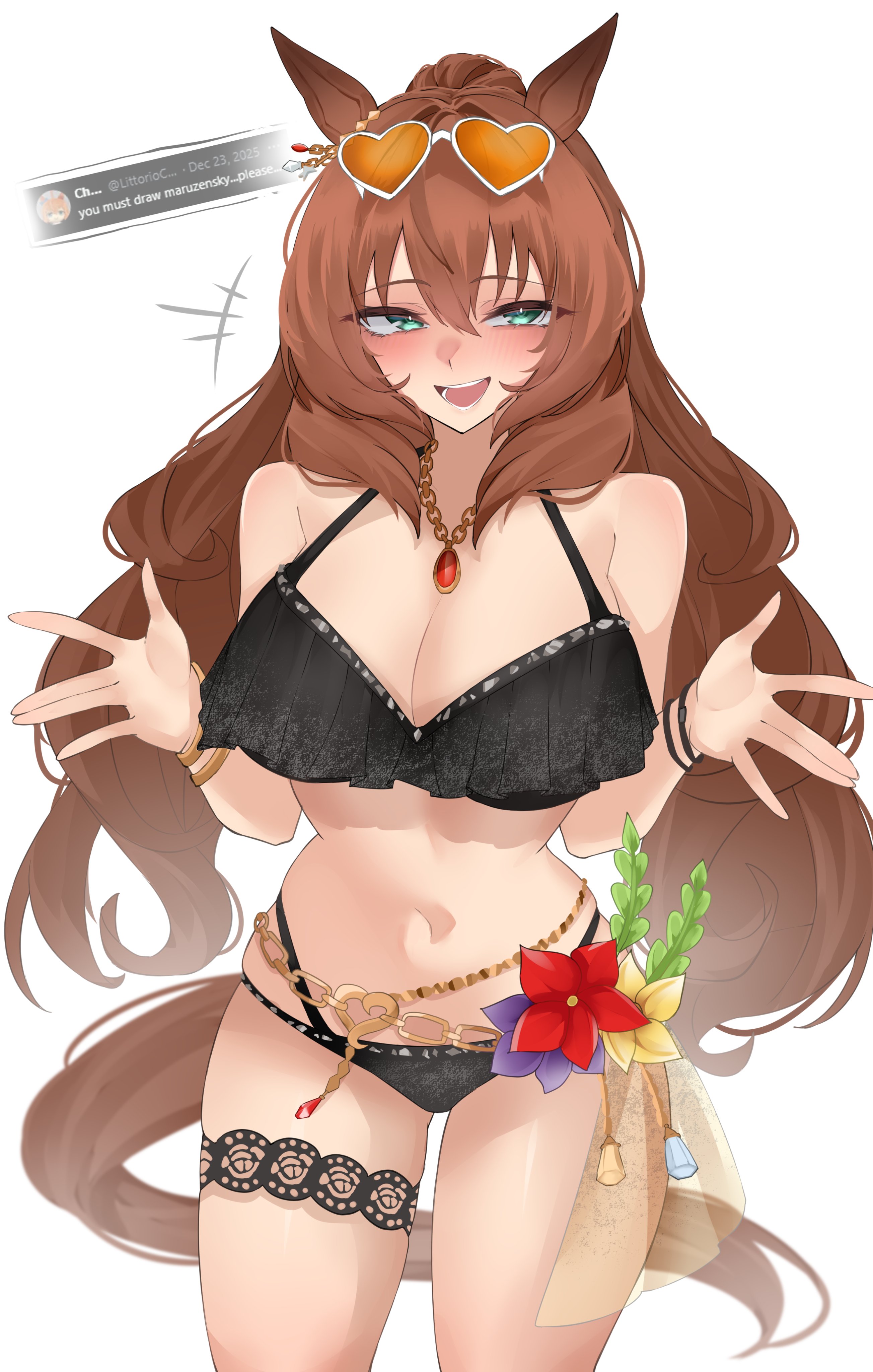 1girls, absurdres, animal ears, bikini, black bikini, blush, bow, breasts, brown hair, brown tail, chains, cleavage, commentary, ear bow, english commentary, eyewear on head, female, female only, flower, flower bikini, frilled bikini, frills, green eyes, hair between eyes, hair intakes, heart, heart-shaped eyewear, highres, horse ears, horse girl, horse tail, jewelry, large breasts, long hair, looking at viewer, maruzensky (hot summer night) (umamusume), maruzensky (umamusume), navel, necklace, official alternate costume, official alternate hairstyle, open mouth, orange-tinted eyewear, purple flower, red flower, ruffle bikini, simple background, skindentation, smile, solo, stomach, swimsuit, tail, thigh strap, thighs, tinted eyewear, umamusume, white background, white-framed eyewear, xkittyzx, yellow flower