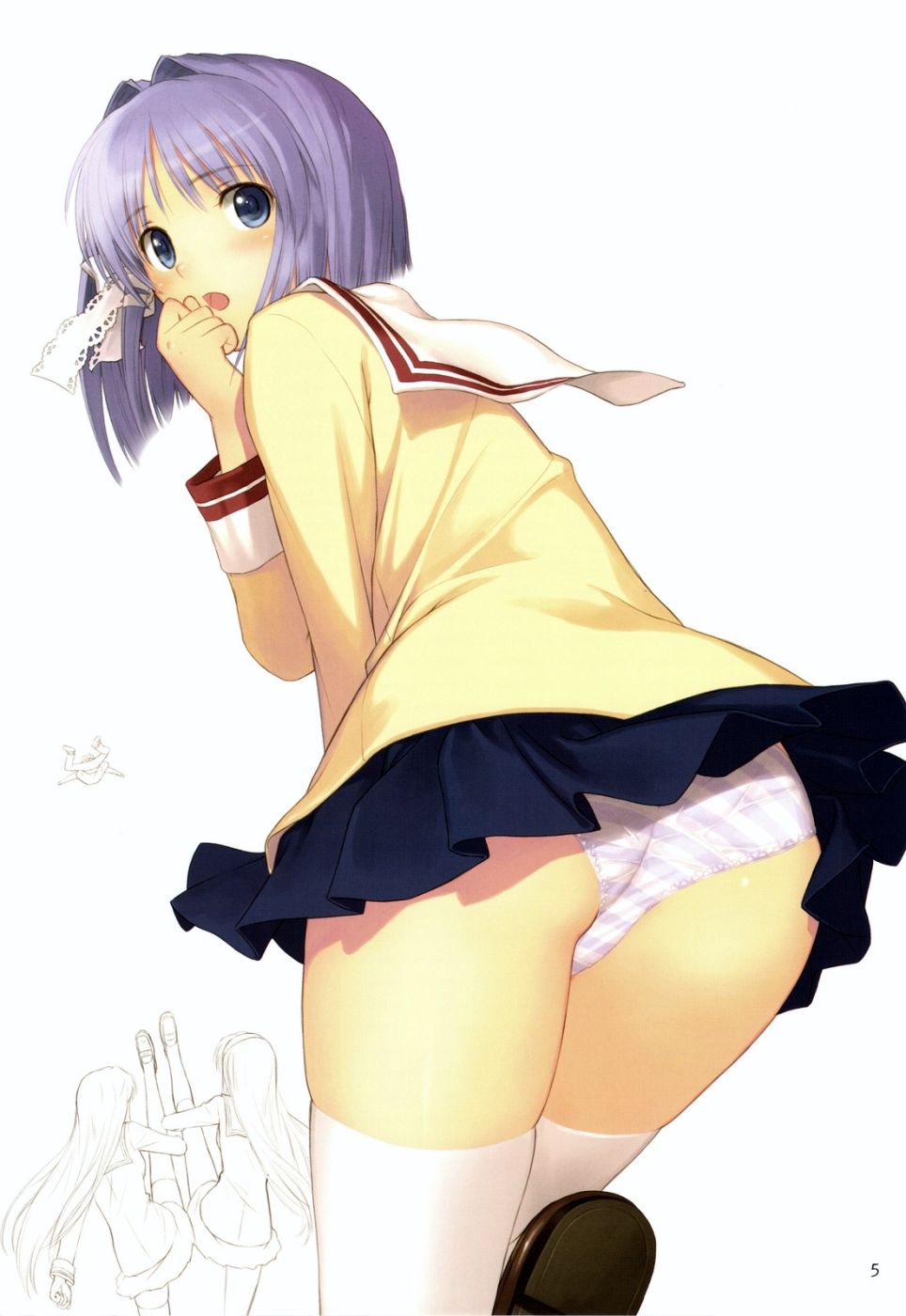 clannad clothing fujibayashi panties panty purple_hair ribbon ryo ryō school_uniform short_hair skirt stockings