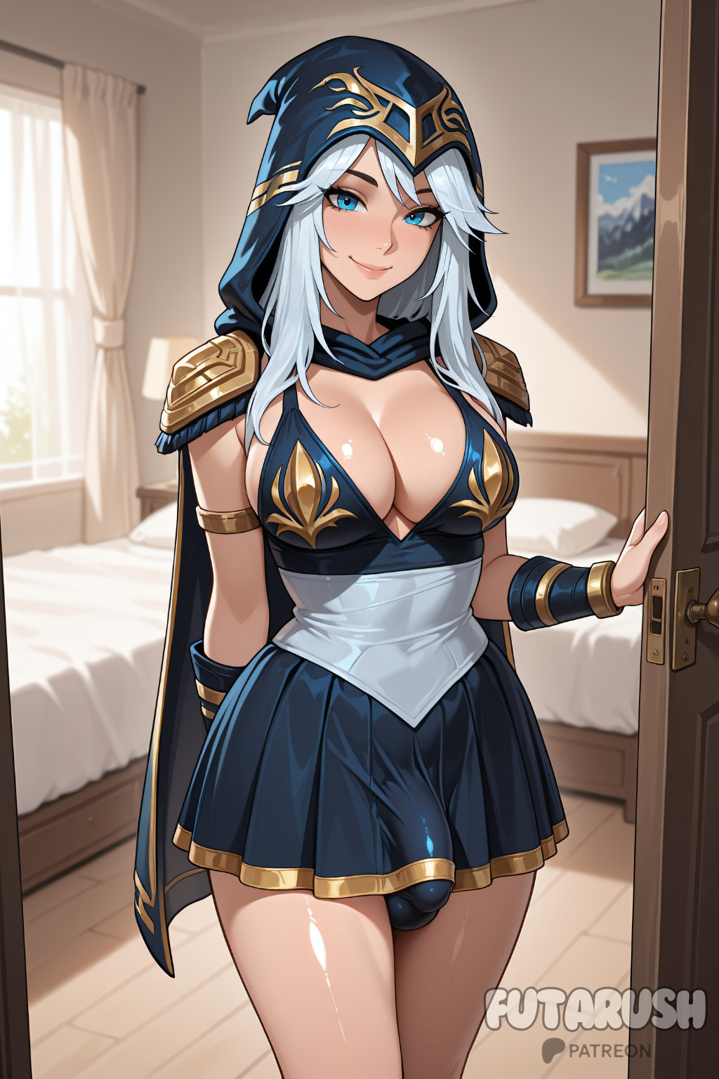 ai generated, ashe (league of legends), bed, bedroom, blue eyes, breasts, bulge, bulge through clothing, bulge under clothes, futanari, futarush, indoors, intersex, league of legends, league of legends: wild rift, patreon, patreon username, riot games, skirt, sultryspark, white hair