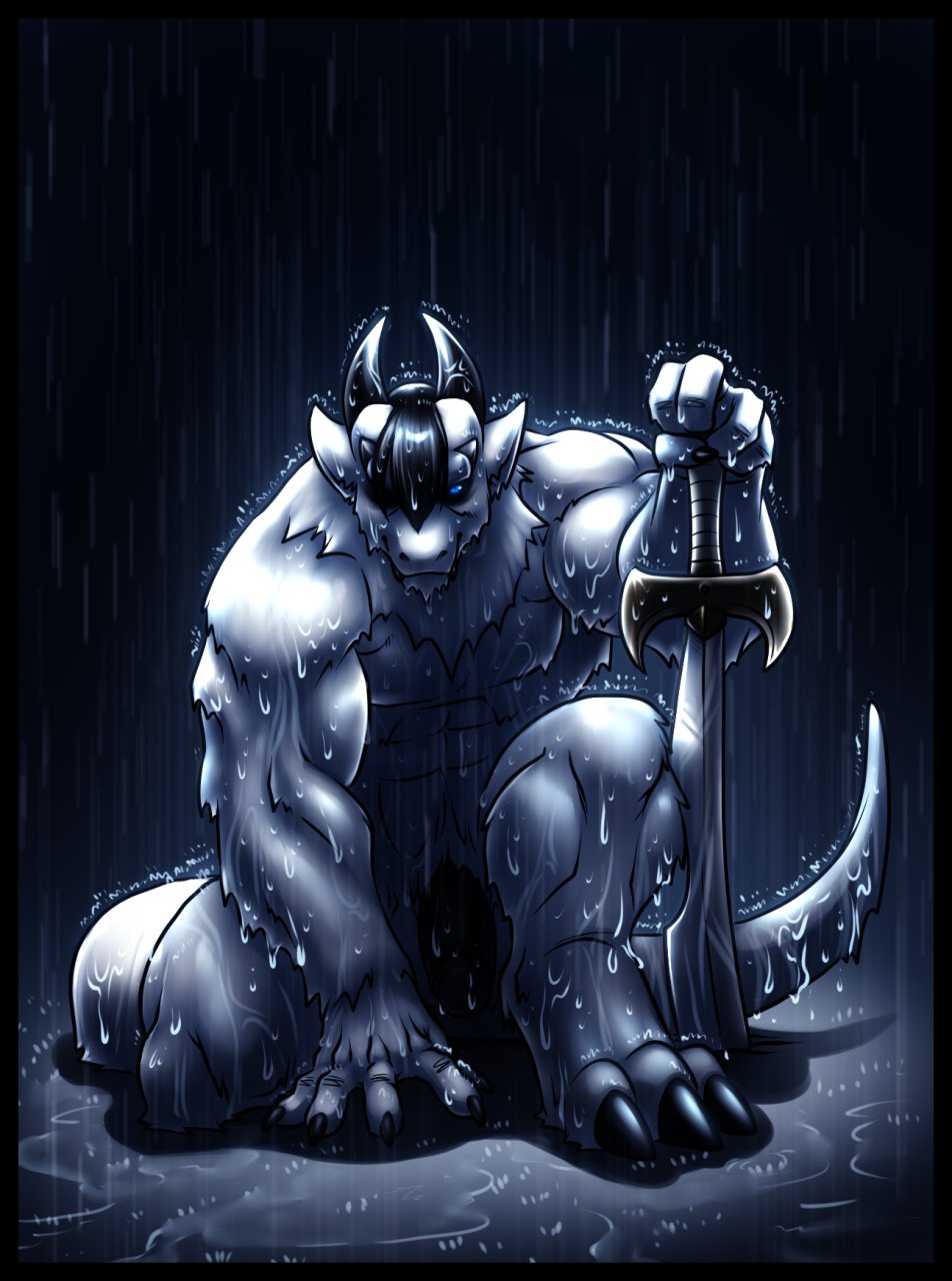 1boy abs biceps black_claws black_hair black_penis blue_eyes claws drake ear_piercing fur hair looking_at_viewer male male_only neodokuro penis piercing rain solo sword uncut weapon wet zerk