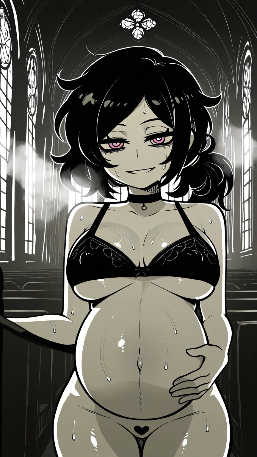 ai_art ai_assisted ai_generated ashley_graves ass belly belly_expansion black_hair cathedral collar curvy female female goth pale_skin pink_eyes pregnant the_coffin_of_andy_and_leyley voluptuous voluptuous_female