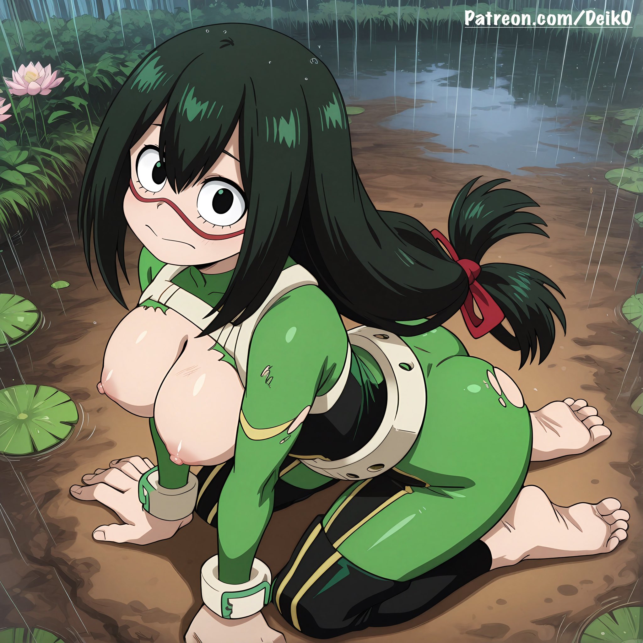 1girls, ai generated, ass, asui tsuyu, barefoot, black eyes, blush, bodysuit, boku no hero academia, breasts, breasts out, deik0, domino mask, female, frog girl, from above, froppy, green hair, green-haired female, hair, hair between eyes, kneeling, large breasts, long hair, looking at viewer, low-tied long hair, my hero academia, nipples, sidelocks, soles, superheroine, swamp, toes, torn bodysuit, torn clothes, tsuyu asui