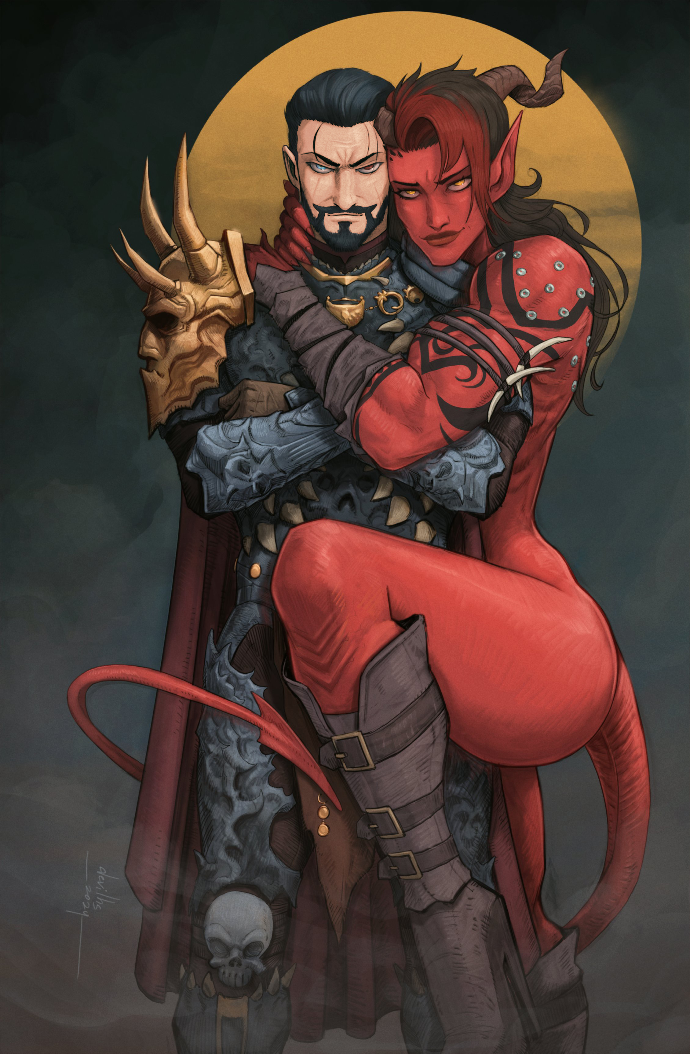 baldur's gate 3, dark skin, dark-skinned female, devil hs, dungeons and dragons, female, fully clothed, horns, hugging, karlach, light skin, light-skinned male, looking at viewer, male, red skin, red-skinned female, side hug, tav (baldur's gate), tav (baldur's gate) (male), tiefling, tiefling girl, white skin