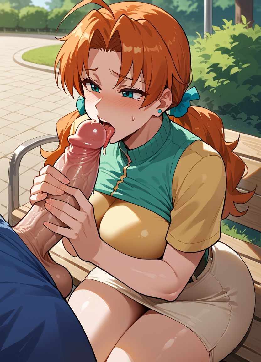 ai_generated big_penis delia_ketchum_(pokemon) handjob holding_penis huge_cock jerking large_penis licking_penis long_penis milf park_bench pokemon public sitting stroking_penis tagme tongue_out