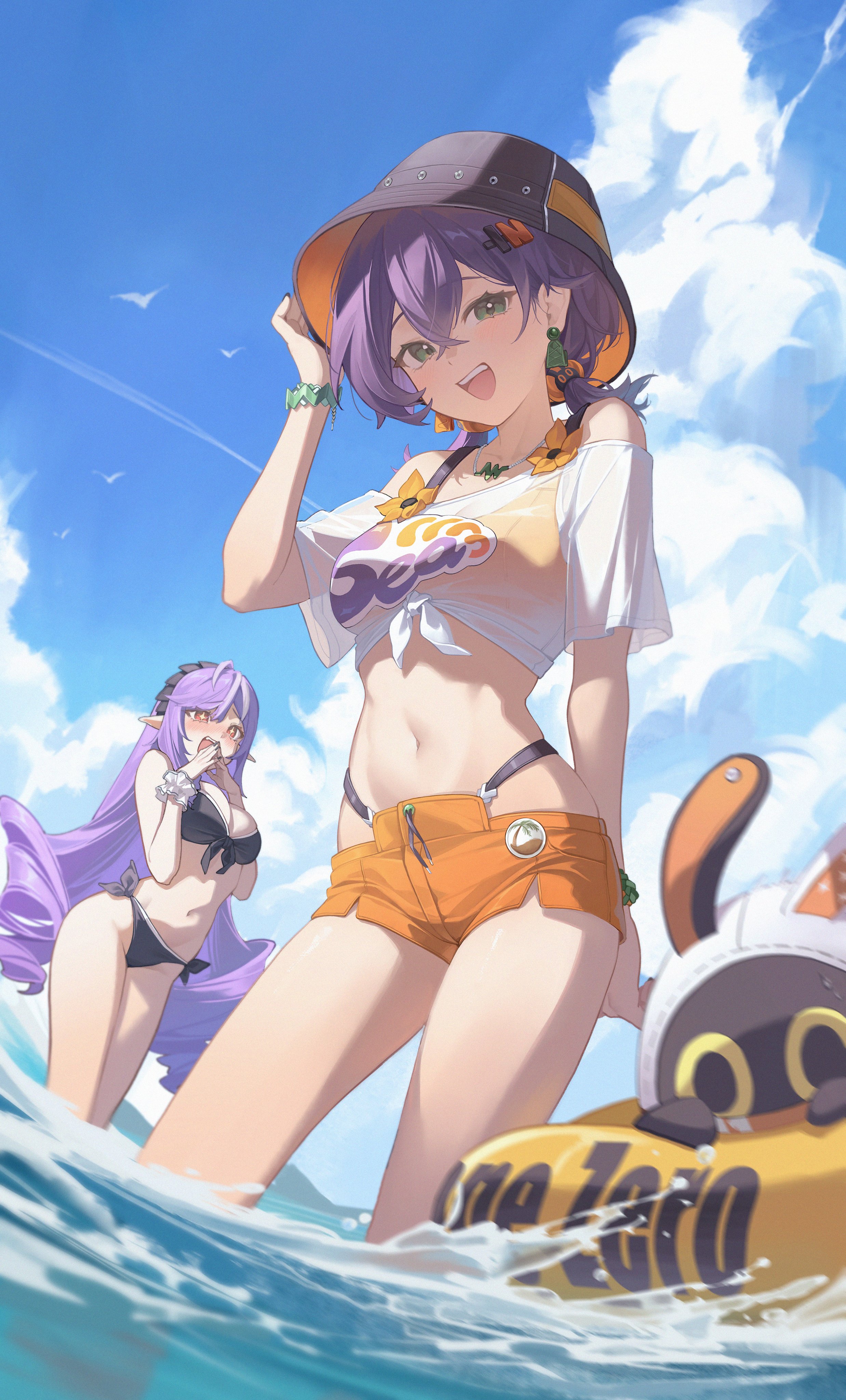 :d, 2girls, absurdres, alternate costume, bangboo (zenless zone zero), bare shoulders, belle (summer skies) (zenless zone zero), belle (zenless zone zero), bikini, black bikini, blurry, bracelet, breasts, bucket hat, cleavage, commentary, crop top, day, depth of field, earrings, eous (zenless zone zero), female, front-tie bikini top, front-tie top, green eyes, hair between eyes, hand on headwear, hand up, hat, headdress, highleg, highleg bikini, highres, innertube, jewelry, large breasts, long hair, looking at viewer, medium breasts, midori fufu, midriff, multiple females, multiple girls, navel, off shoulder, off-shoulder shirt, official alternate costume, open mouth, orange shorts, outdoors, pointy ears, purple hair, ringlets, scrunchie, shirt, short shorts, short twintails, shorts, side-tie bikini bottom, smile, sparkling eyes, standing, stomach, swim ring, swimsuit, thighs, twintails, very long hair, vivian (zenless zone zero), vivian banshee, wading, water, white shirt, wrist scrunchie, zenless zone zero