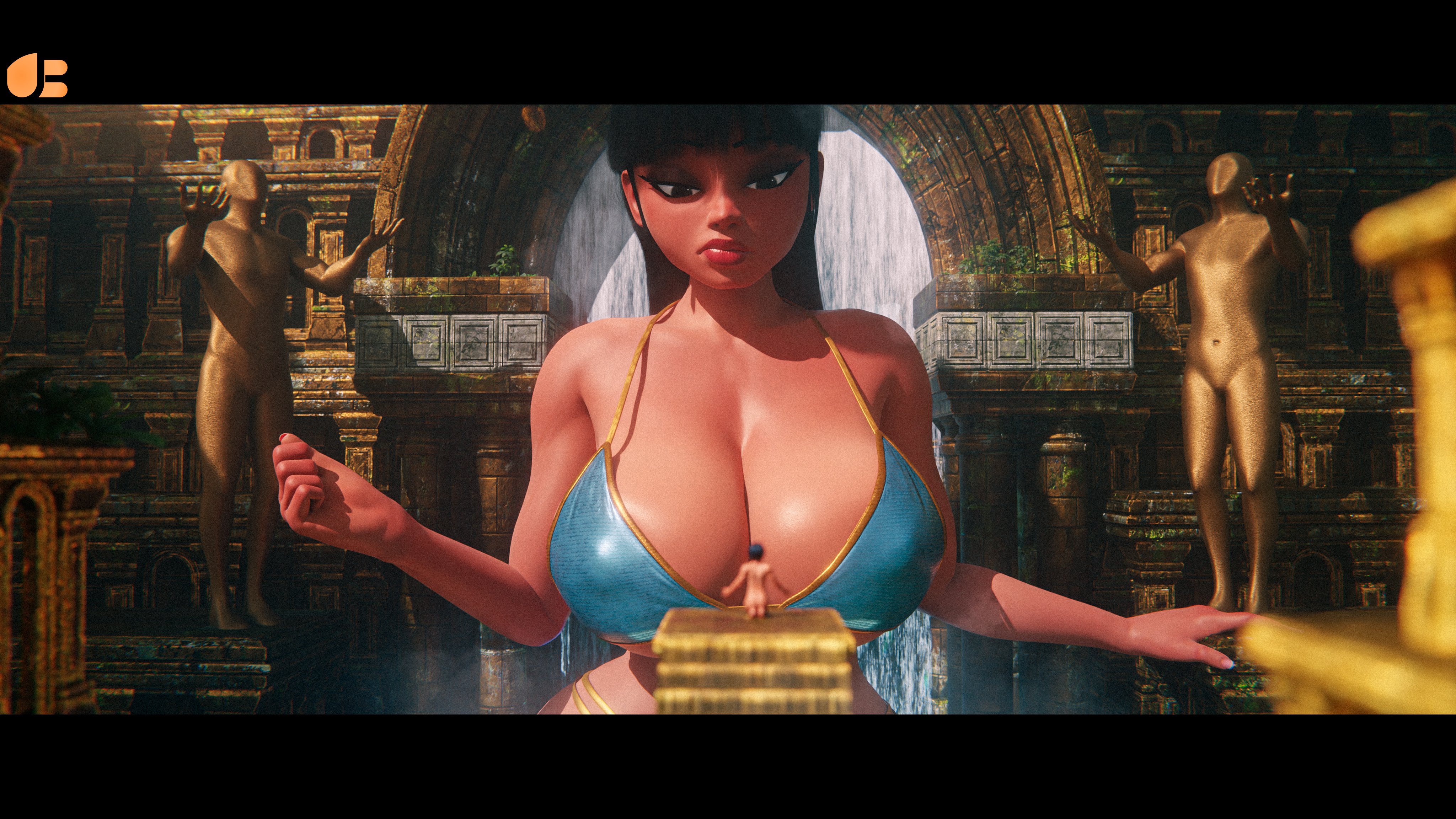 1boy, 1girls, 3d, 3d (artwork), big breasts, bikini, bikini top, black hair, black-haired female, black-haired male, breasts, chel, chel (the road to el dorado), chel (the road to el dorado) (scrag boy), clothed, clothed female, dark skin, dark-skinned female, female, giantess, goddess, huge boobs, huge breasts, light skin, light-skinned male, male, scrag boy (model), the road to el dorado, u3d