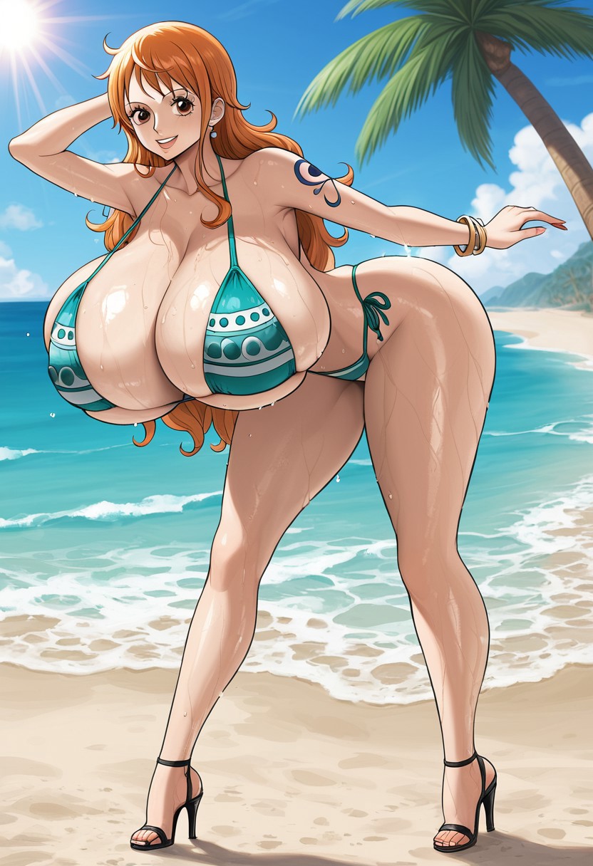 ai_generated ass beach breasts breasts_focus gigantic_breasts high_heels nami_(one_piece) one_piece orange_hair sand summer sun sweat sweatdrop tattoo