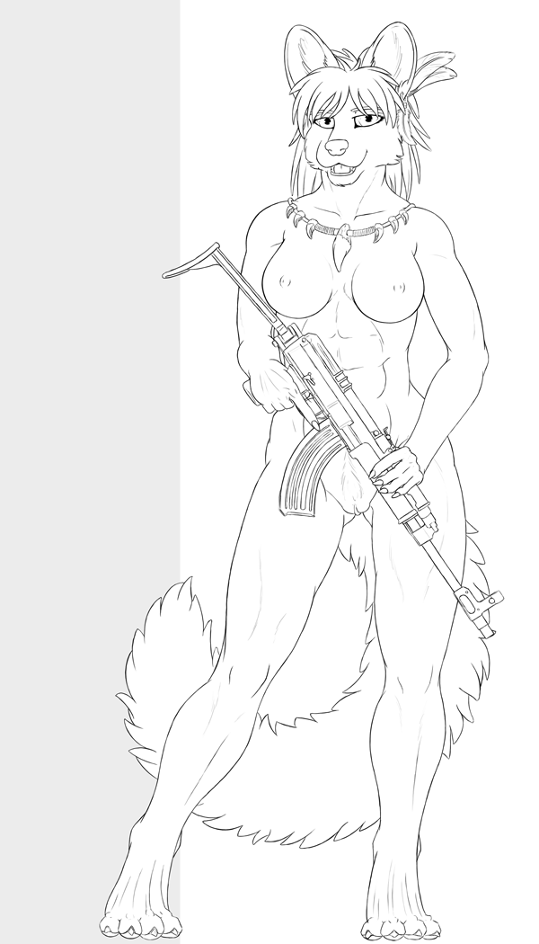 2012 breasts female genet line_art looking_at_viewer nipples open_mouth pussy ranged_weapon slowfag solo topaz weapon