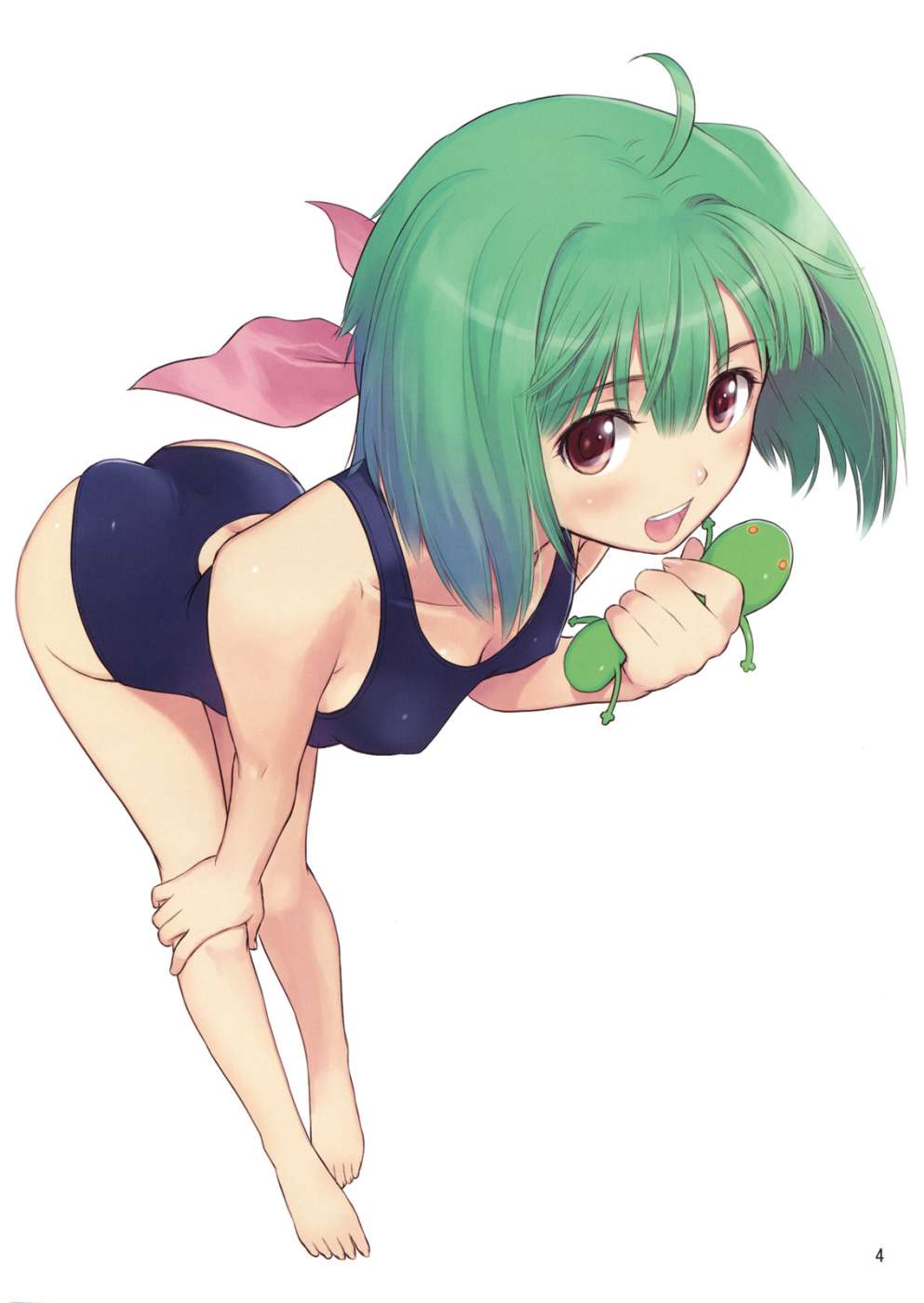 beige_skin bent_over breasts brown_eyes color covered_breasts eyes female female_only frog green_hair hair lee looking_at_viewer macross macross_frontier mouth one-piece_swimsuit open_eyes open_mouth ranka ranka_lee short_hair skin solo straight_hair swimsuit white_background