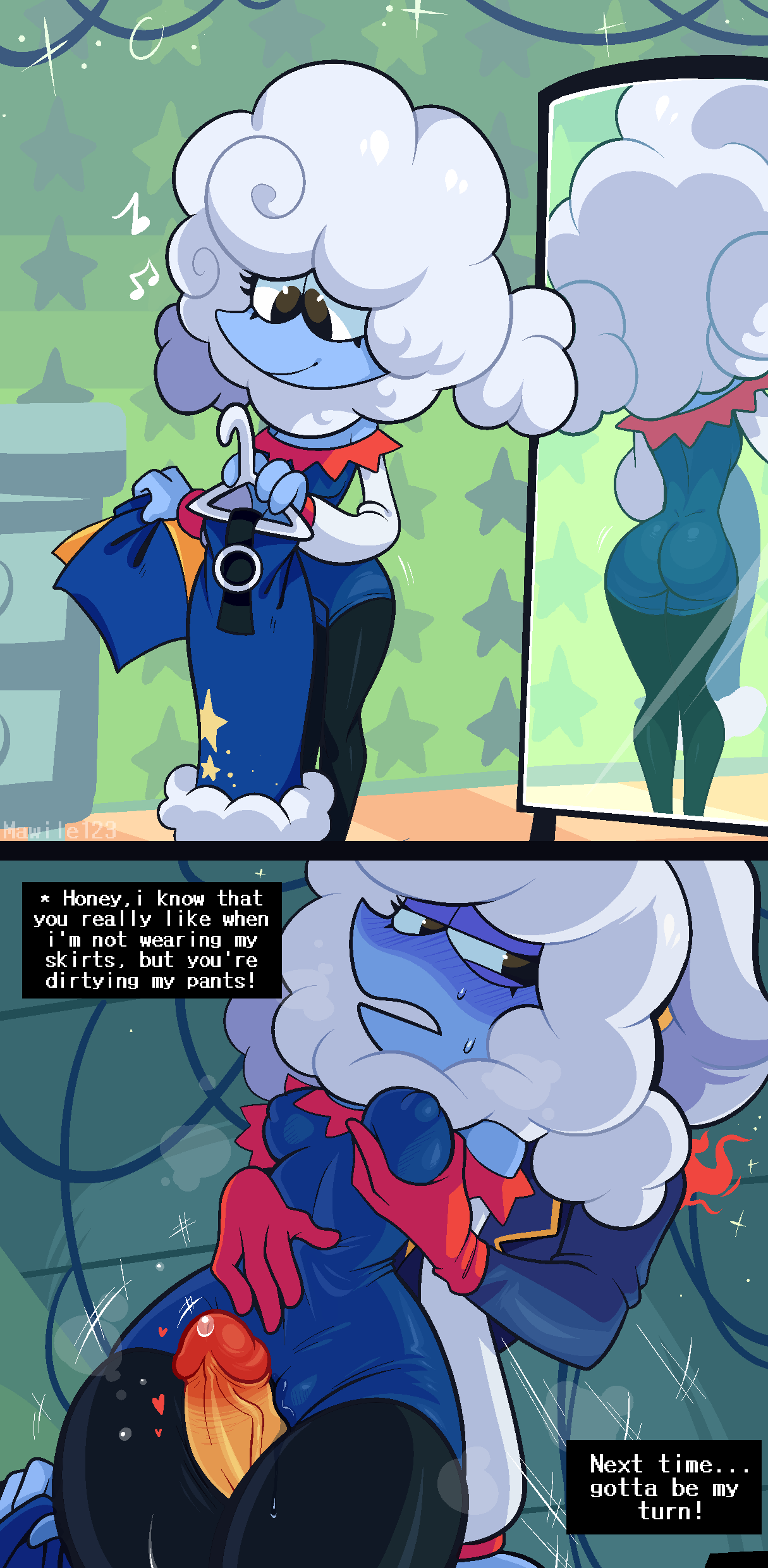 1boy 1girls ass breast_grab breasts couple covered_nipples deltarune deltarune_chapter_3 dress dressing dressing_room elnina_(deltarune) english_text female from_below groping hair horny horny_female lanino_(deltarune) male male/female mawile123 medium_breasts mirror mirror_reflection nipples nipples_visible_through_clothing pantyhose penis precum pussy_juice skirt straight sweat text text_box thigh_sex thighhighs thighs veiny_penis wet_pussy white_hair