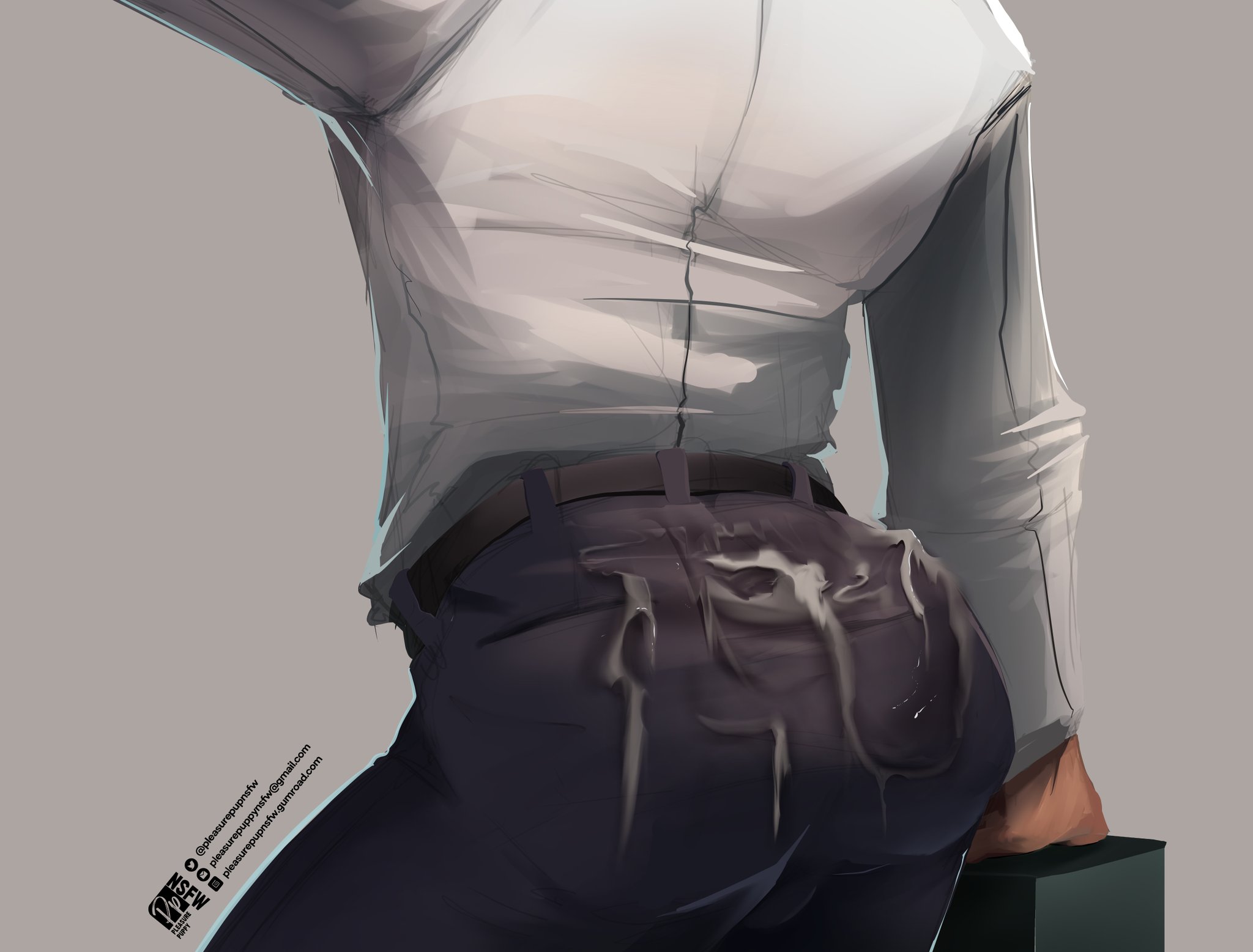 1boy, ass, ass focus, back view, belt, cum, cum on ass, cum on clothes, gay, gay male, male, male focus, male only, muscular, muscular male, pants, pleasurepuppynsfw, shirt, simple background, solo, solo male, yaoi