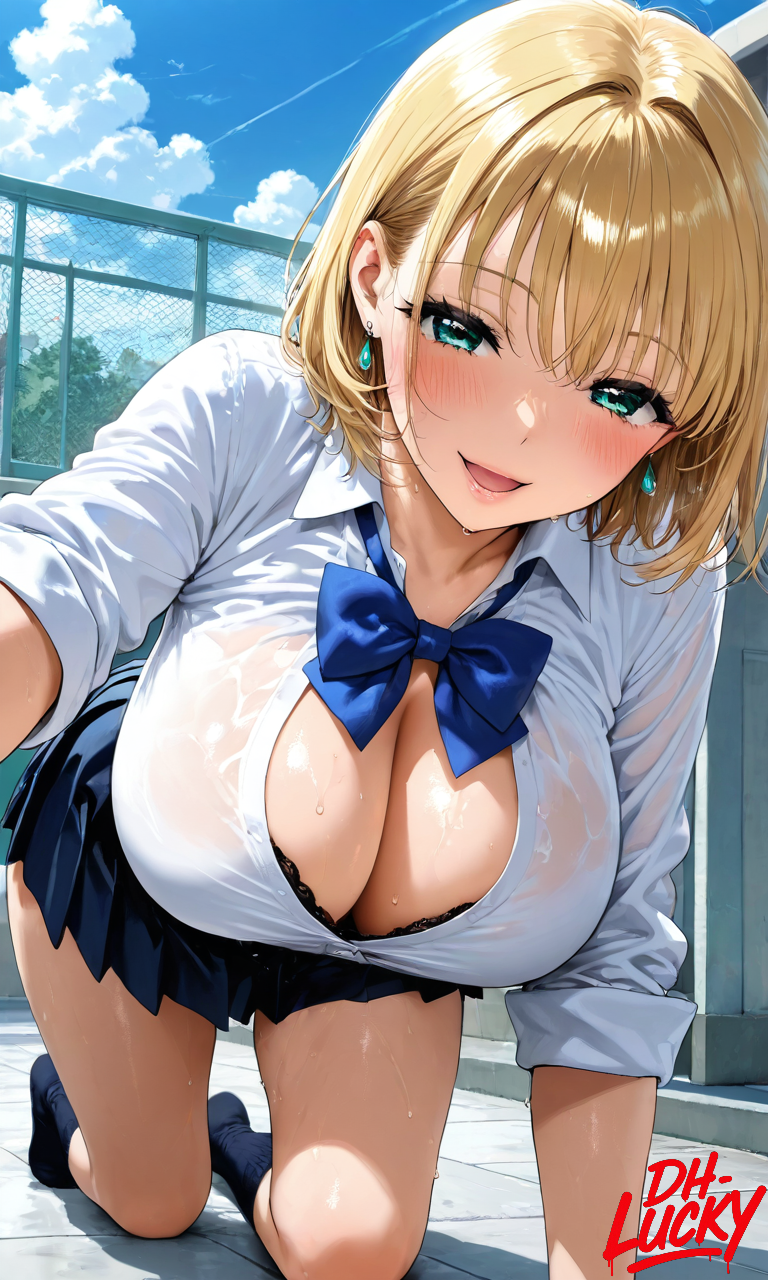 1girls ai_generated all_fours blonde_hair bow breasts cleavage day dh_lucky earrings female green_eyes hajimete_no_hitozuma huge_breasts jewelry kawai_satomi looking_at_viewer school_rooftop school_uniform seductive_look seductive_pose seductive_smile short_hair sitting_on_floor sitting_on_ground smile solo sweating thick_thighs