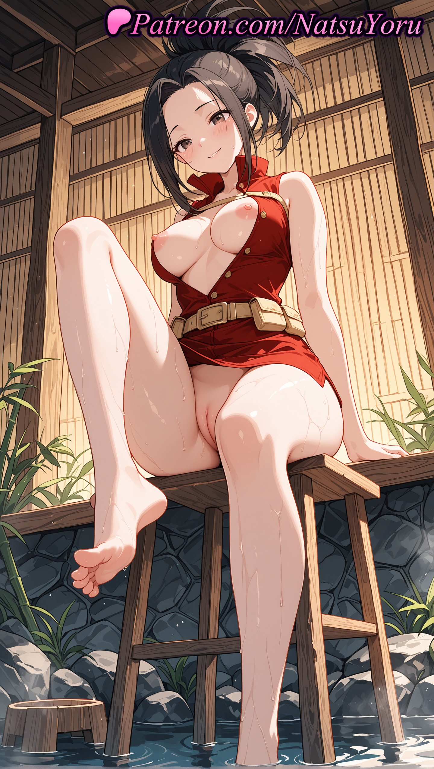 1girls, 2025, ai generated, bare arms, bare shoulders, barefoot, belt, black hair, blush, boku no hero academia, breasts, breasts out, center opening, cleft of venus, closed mouth, clothing, feet, female, hi res, highres, knee up, large breasts, legs, looking at viewer, momo yaoyorozu, my hero academia, natsuyoru, nipples, open clothes, patreon, ponytail, pussy, shaved vagina, sitting, sleeveless, smile, soaking feet, solo, thighs, toenails, toes, uncensored, vagina, voluptuous, voluptuous female, water, wet, yaoyorozu momo