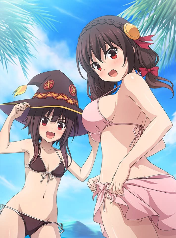 2girls, beach, bikini, breasts, brown hair, female, kono subarashii sekai ni shukufuku wo!, large breasts, megumin, multiple females, multiple girls, official art, outdoors, side-tie bikini, small breasts, swimsuit, yunyun (konosuba)