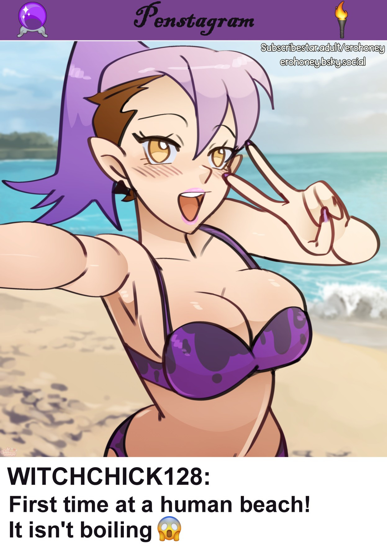 1girls, amity blight, beach, bikini, breasts, disney, disney channel, english, english text, erohoney, female, female only, golden eyes, horse tail, instagram story, instagram username, long hair, medium breasts, peace sign, pink hair, text, text box, text bubble, the owl house, the owl house (finale)