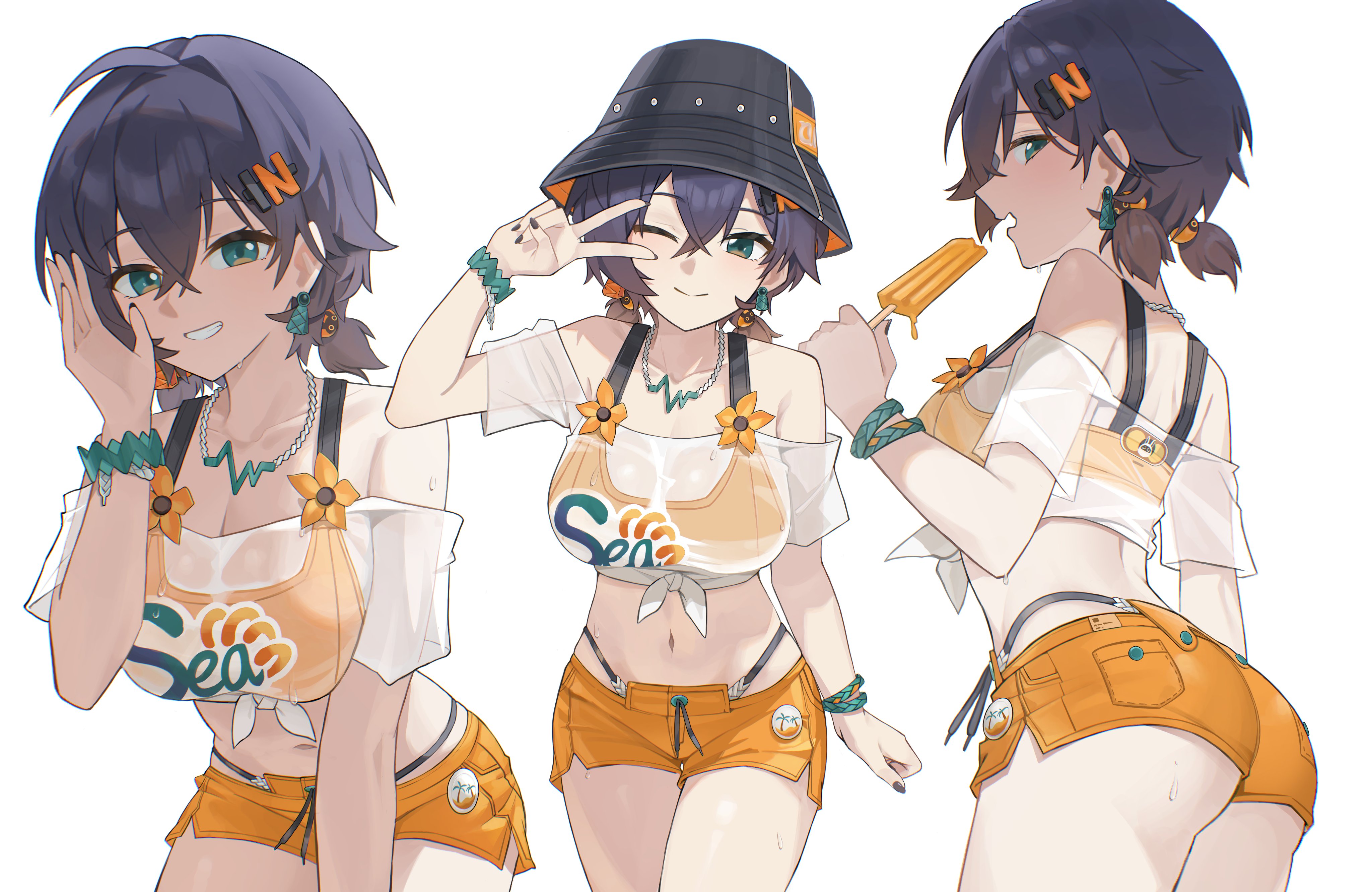 1girls, absurdres, ass, belle (summer skies) (zenless zone zero), belle (zenless zone zero), blue hair, bucket hat, female, food, green eyes, hair ornament, highres, letter hair ornament, navel, noir (noir reveur), official alternate costume, orange shorts, popsicle, see-through, see-through clothes, see-through clothing, short hair, shorts, simple background, smile, solo, twintails, white background, zenless zone zero