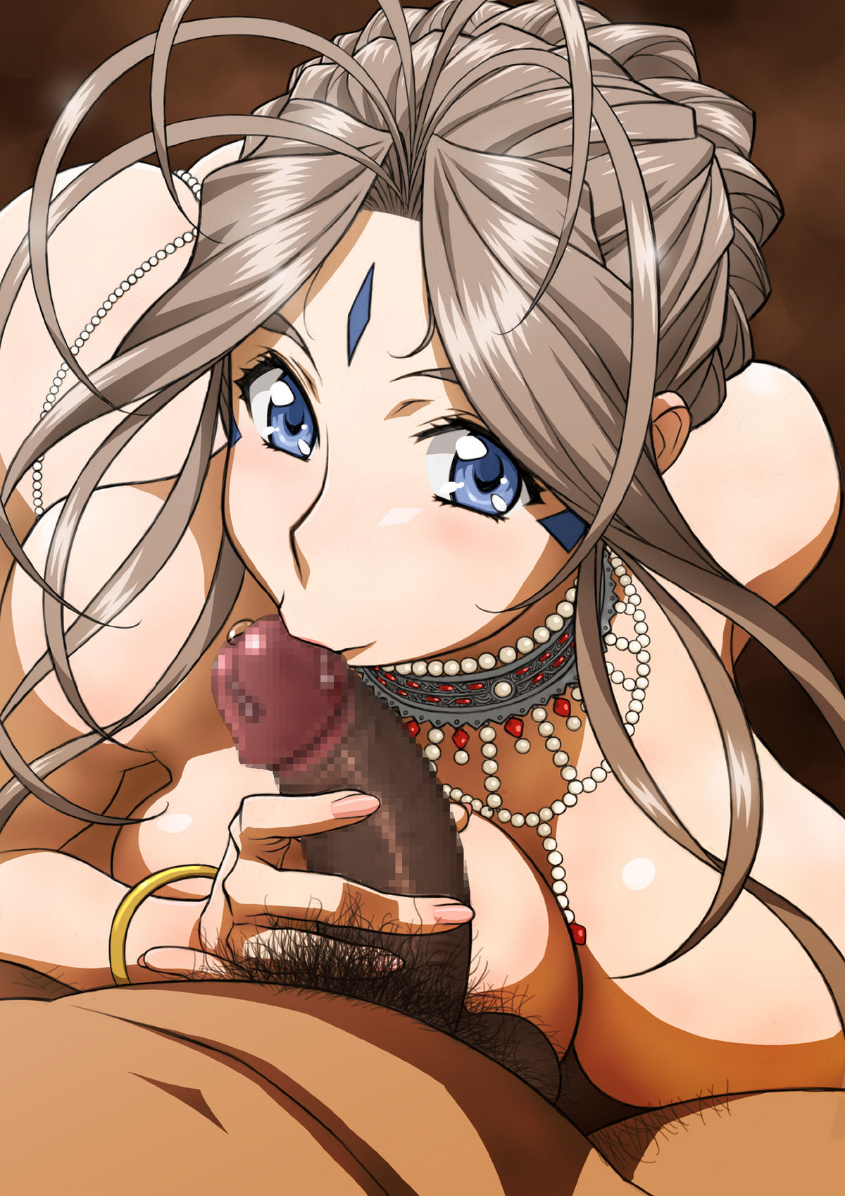 1boy 1girls antenna_hair belldandy blue_eyes bracelet breasts brown_hair censored erection facial_mark fellatio female hair joy_division large_breasts licking long_hair looking_at_viewer nail_polish nude oh_my_goddess! oral penis pubic_hair straight testicles