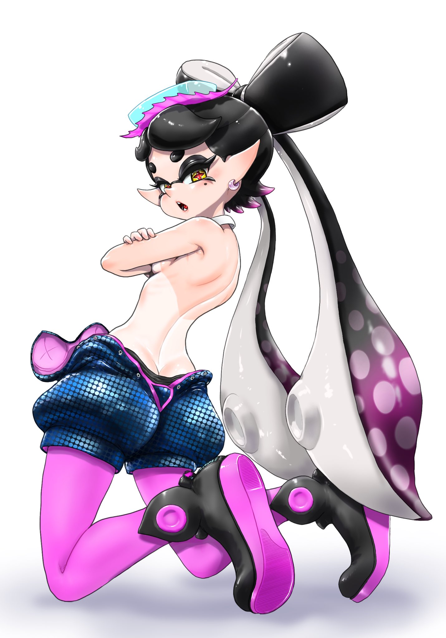 1girls, breasts, callie (splatoon), covered nipples, covering breasts, female, inkling, koharuno2, splatoon, splatoon (series), squid sisters, tanlines, tentacle hair, topless, topless female, twitter link