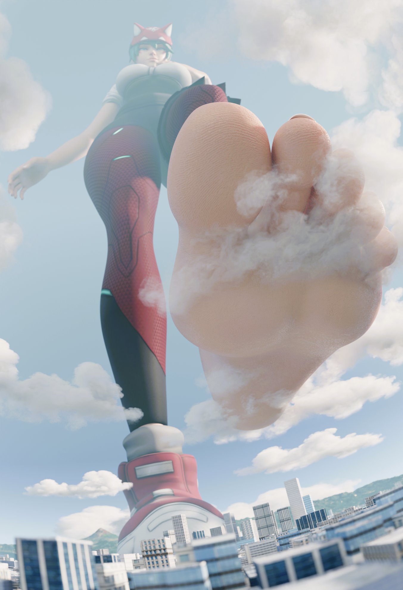 3d, 3d (artwork), asian, asian female, barefoot, blizzard entertainment, breasts, city, clothed, clothed female, feet, female, female focus, female only, foot fetish, foot focus, giantess, green hair, green-haired female, hyper giantess, imminent crush, japanese, japanese clothing, japanese female, kiriko (overwatch), kiriko kamori, one shoe, one shoe on, overwatch, overwatch 2, solo, solo female, solo focus, tanqian6918, video game character