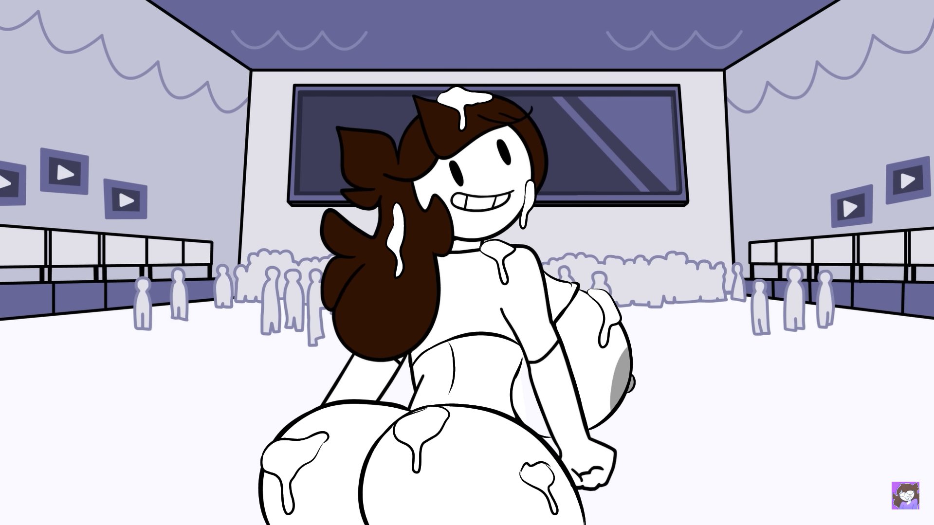 1girls, back view, big ass, big breasts, breasts, brown hair, covered in cum, crowd, cum on ass, cum on breasts, cum on face, edit, edited, edited screencap, female, grey nipple, grey nipples, jaiden, jaiden animations, jaidenanimations, k4gevive, lift shirt, looking at viewer, looking back, looking back at viewer, shirt, shirt lift, shirt up, tagme, white skin, youtube