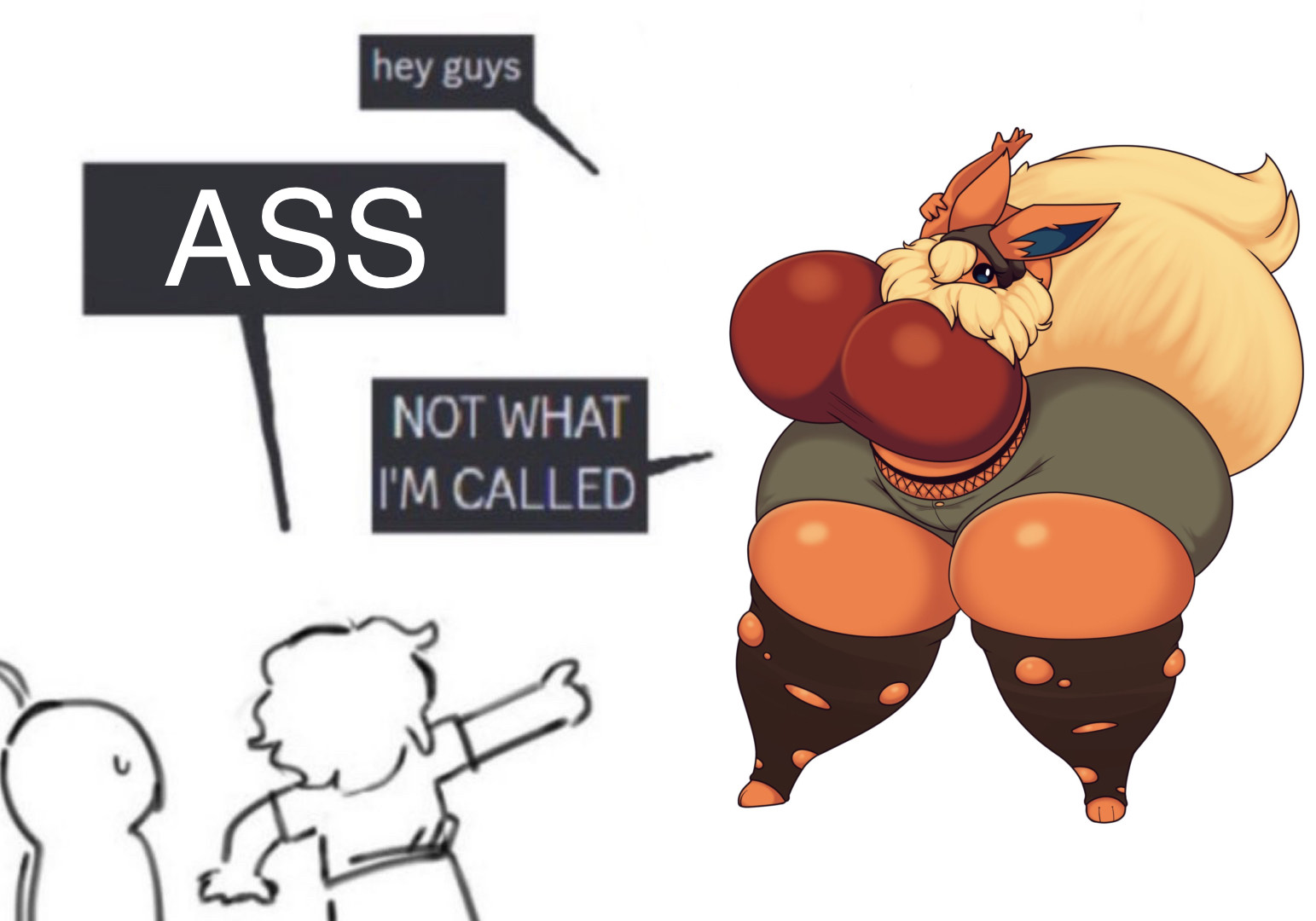 ash (void dew), beanie, big breasts, blonde hair, breasts, cleavage, dewbber, eeveelution, female, flareon, furry, huge breasts, meme, orange fur, pokemon, pokemon (species), tagme, thick thighs, torn stockings, wide hips