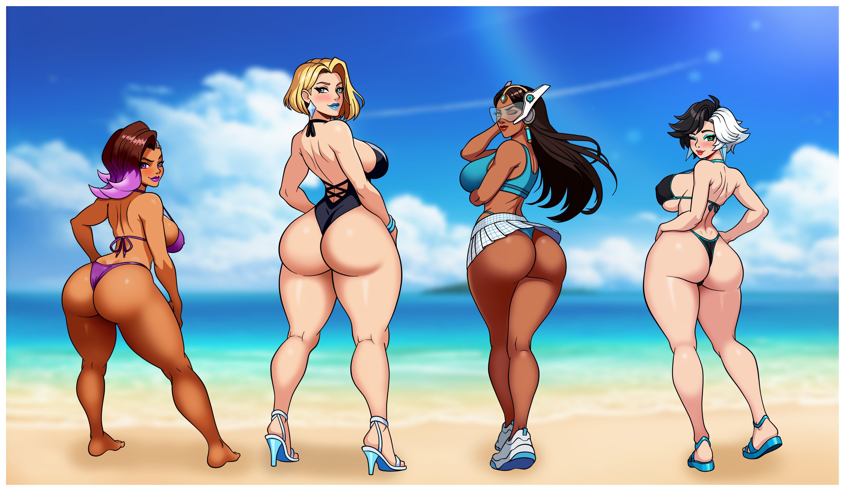 2d, 4girls, ass, ass focus, bare legs, beach, behind view, big ass, big breasts, black hair, black leotard, blonde eyebrows, blonde female, blonde hair, blue eyes, blue footwear, blue high heels, blue lipstick, bob cut, breasts, closed mouth, closed mouth smile, clothed, clothed female, clothes, clothing, crossover, dark skin, dark-skinned female, emma frost, emma frost (marvel rivals), eyebrows, eyelashes, female, female focus, female only, footwear, hair behind ear, high heels, huge ass, huge breasts, kneepits, large ass, latina, leotard, light skin, light-skinned female, long hair, looking at viewer, looking back, luna snow, luna snow (marvel rivals), marvel, marvel comics, marvel rivals, mature, mature female, medium hair, milf, multiple females, multiple girls, overwatch, overwatch 2, short hair, slightly open mouth, smile, smiling, smiling at viewer, sombra, swimsuit, symmetra, thick legs, thick thighs, thighs, tinted eyewear, viewed from behind, visor, wide hips, wink, winking at viewer, woomy1010