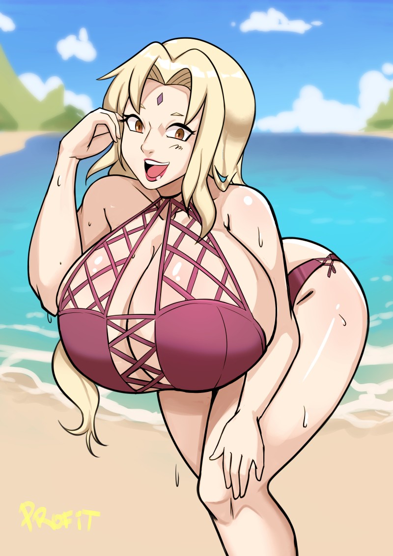 1girls, beach, big breasts, bikini, bikini bottom, bikini top, blonde hair, bottomwear, breasts, brown eyes, female, female only, forehead jewel, hair, huge breasts, large breasts, lips, mature, mature female, mature woman, milf, naruto, naruto (series), profit, red bikini, smile, solo, solo female, sweat, sweatdrop, swimwear, topwear, tsunade
