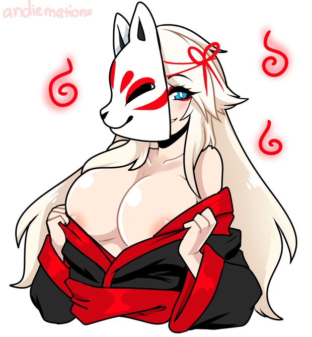 andiemations blonde_hair blue_eyes eye_makeup fox_mask foxgirl huge_boobs kemono long_hair mask nipple_peek pink_nipples shy_smile undressing