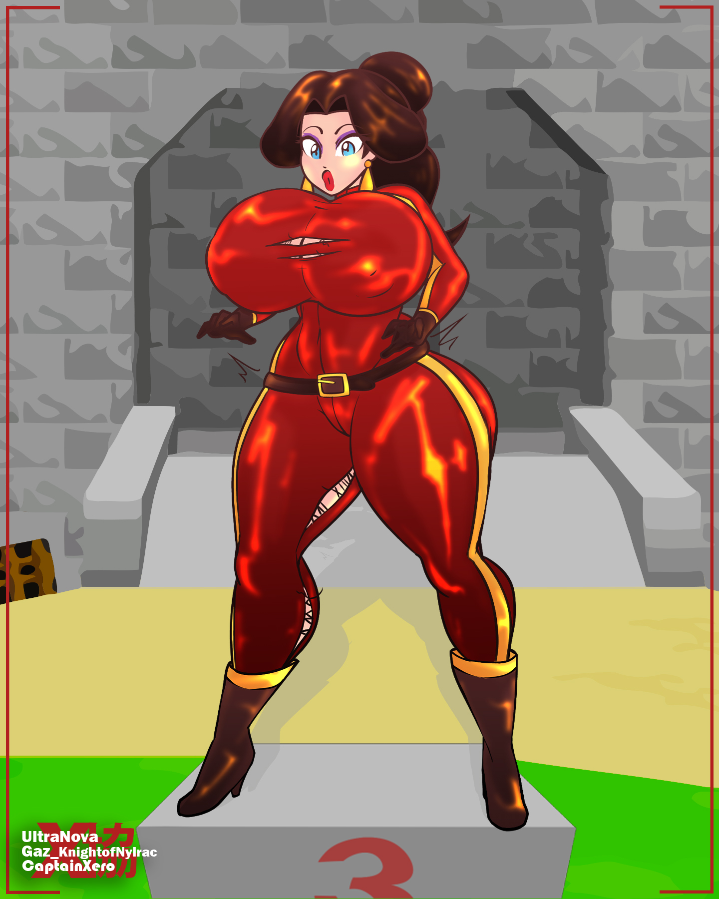 1girls, 2025, 2d, 2d (artwork), 2d artwork, ass, ass expansion, ass growth, barely contained, barely contained breasts, big ass, big breasts, big butt, big thighs, bodysuit, breast expansion, breast growth, breast growth (enlargement), breast squeeze, breasts, breasts bigger than head, brown hair, butt expansion, butt growth, capnxero, comic, comic page, ear piercing, earrings, erect nipples, erect nipples under clothes, expansion, expansion sequence, female, female only, full body, glistening, glistening body, glistening breasts, glistening clothing, glistening hair, glistening skin, grass, ground, growing, growing out of clothes, growth, growth sequence, hand on hip, hands on hips, heel boots, heels, huge ass, huge butt, large ass, large breasts, large butt, light skin, light-skinned female, make up, makeup, mario (series), mario kart, mario kart world, mouth, nintendo, nipples, open mouth, pauline, pauline (aero), ponytail, ponytail female, red lips, red lipstick, ripped bodysuit, ripped clothing, ripping bodysuit, ripping clothes, ripping clothing, shadow, shiny ass, shiny body, shiny breasts, shiny butt, shiny hair, shiny skin, shiny thighs, smile, smiling, solo, solo female, solo focus, super mario 64, super mario bros., surprised, surprised expression, thick thighs, thigh expansion, thigh growth, thighs