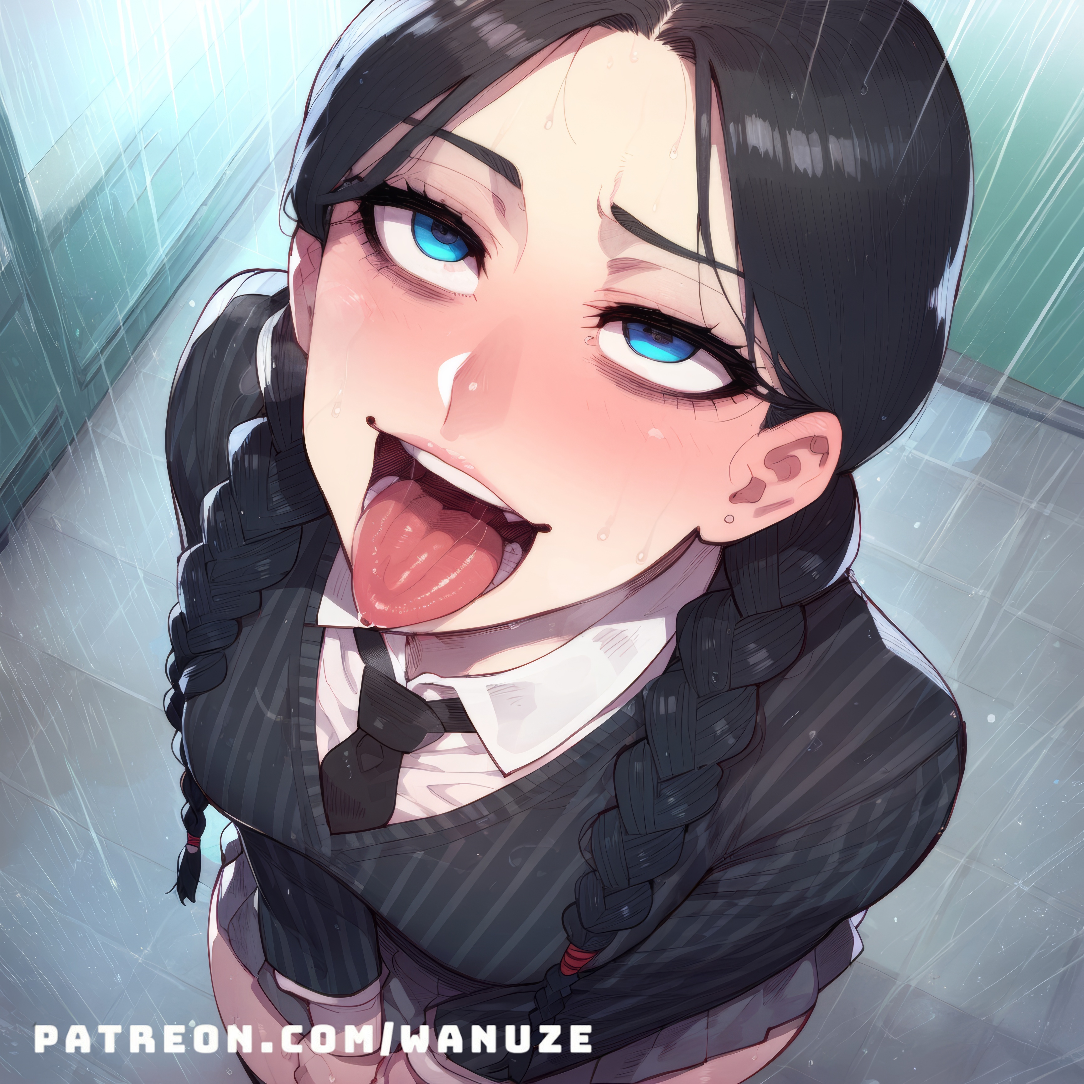 ai generated, ass, big ass, big breasts, big butt, big thighs, blue eyes, blush, braid, breasts, female, female only, huge ass, huge butt, huge thighs, medium breasts, open mouth, rolling eyes, school uniform, standing, tagme, the addams family, tongue, tongue out, twin braids, wanuze, wednesday addams, wide hips